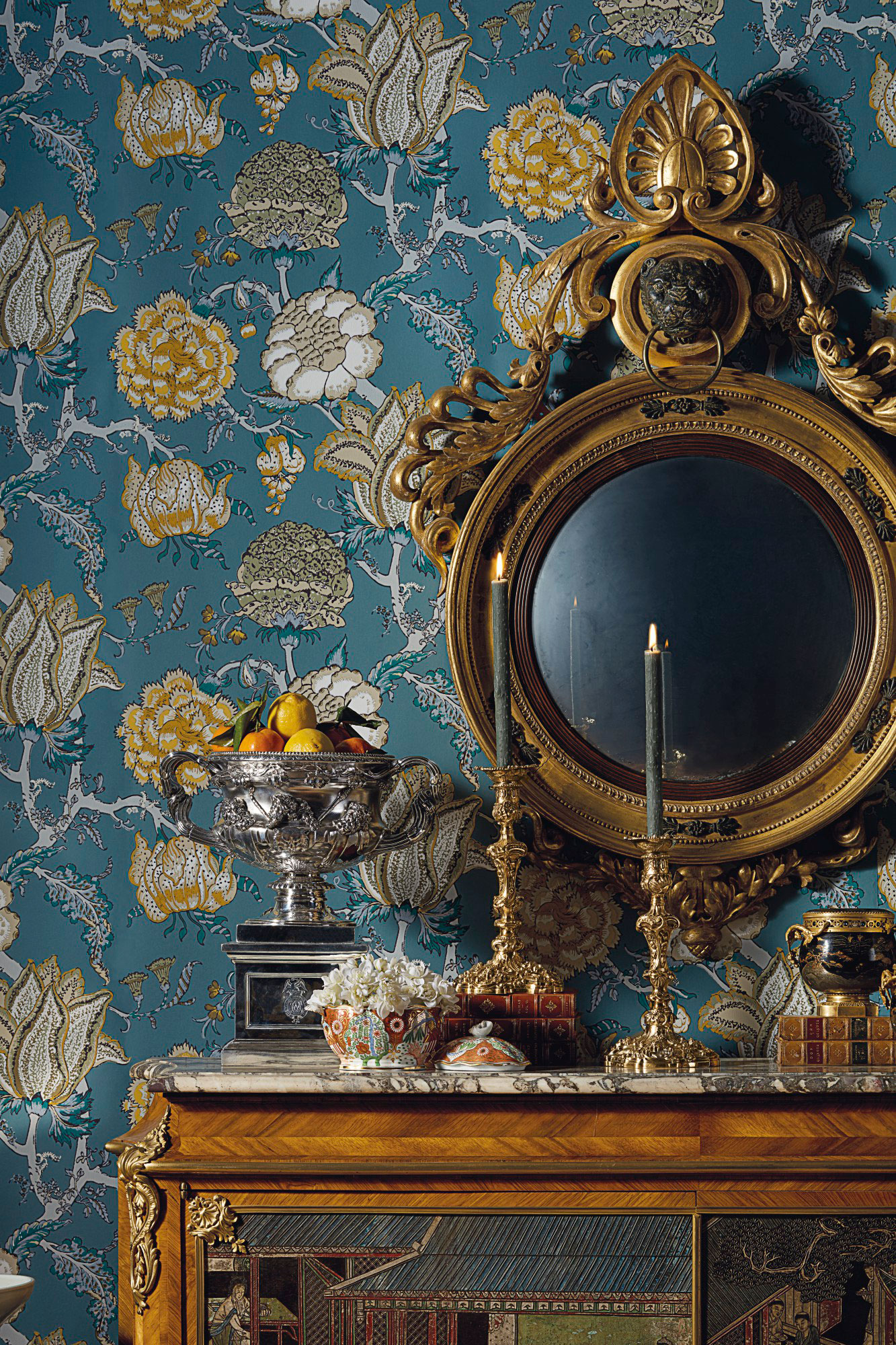 A French ormolu-mounted Kingwood, bois satine and coromandel side cabinet, late 19th century. Estimate: $8,000-12,000.&nbsp;William IV silver Warwick Vase wine cooler and plinth, mark of Paul Storr, London, 1834. Estimate: $50,000-70,000.&nbsp;A set of four Regency silver-gilt candlesticks, mark of Joseph Craddock and William Reid, London, 1819. Estimate: $10,000-15,000.&nbsp;A Regency giltwood and parcel-bronzed convex mirror, early 19th century. Estimate: $5,000-8,000.&nbsp;&nbsp;A coalport porcelain iron-red ground part dessert service, circa 1820. Estimate: $3,000-5,000.&nbsp;A pair of French ormolu-mounted Japanese black and gilt-lacquer pot-pourri bowls and covers, 19th century. Estimate: $2,000-3,000. Offered in The Collector: English &amp; European 18th &amp; 19th Century Furniture, Ceramics, Silver &amp; Works of Art on 9 April at Christie&rsquo;s in New York. Wallpaper: Chandernagor by Pierre Frey