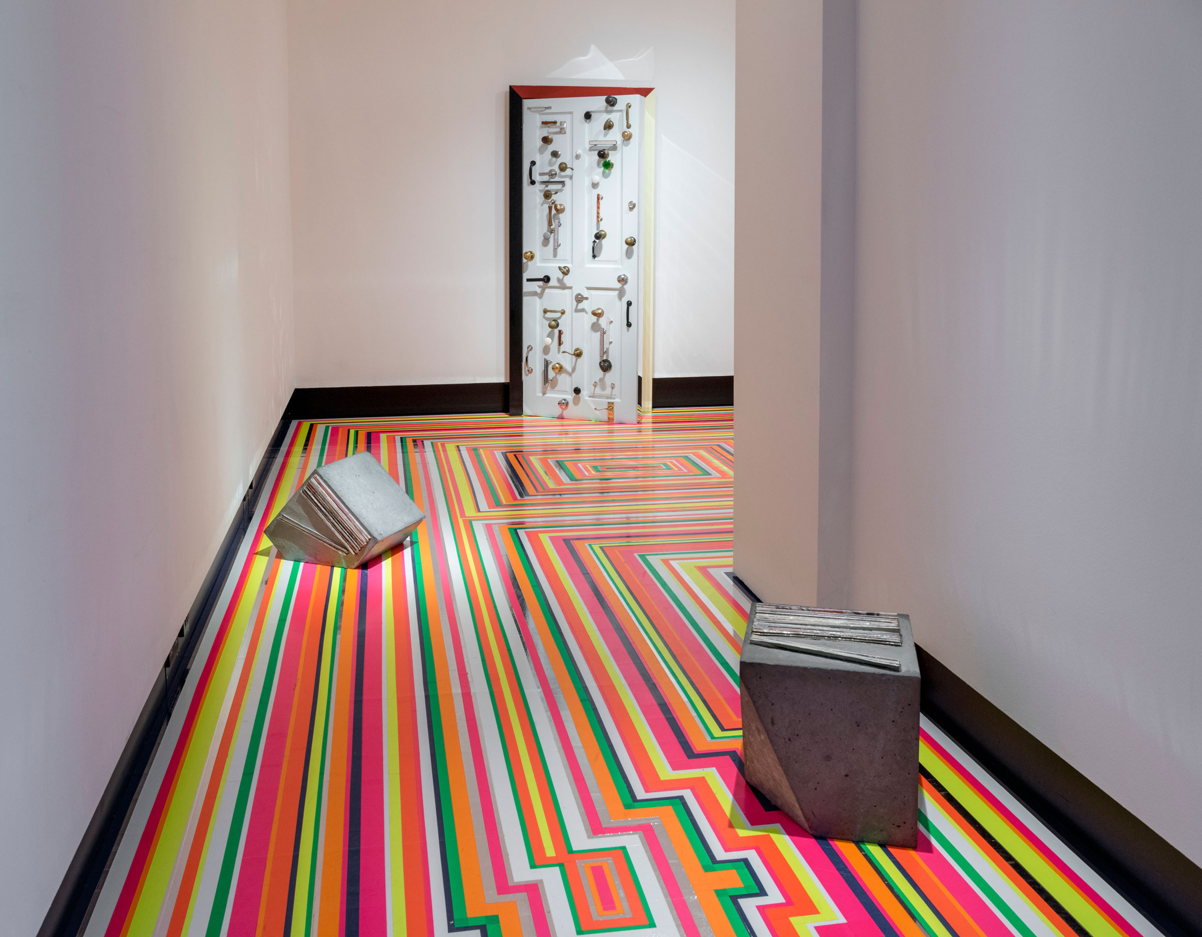 Jim Lambie’s work features prominently in the collection, including Get Yr Freak On, the floor installation Zobop Fluoro and (i) Sonic Reducer 3