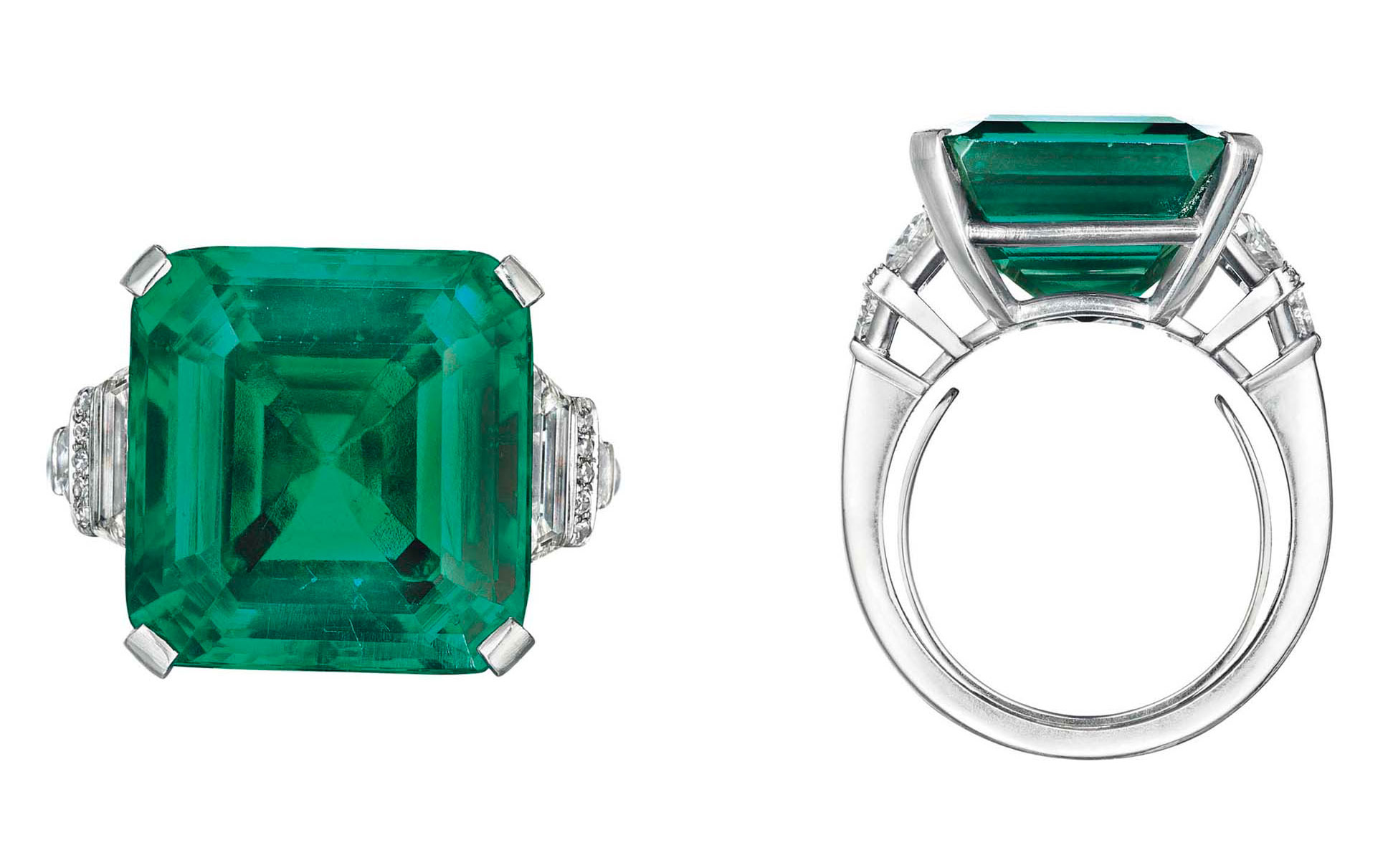 The Rockefeller Emerald, a rare and historic emerald and diamond ring, by Raymond Yard. Sold for $5,511,500 on 20 June 2017 at Christie’s in New York