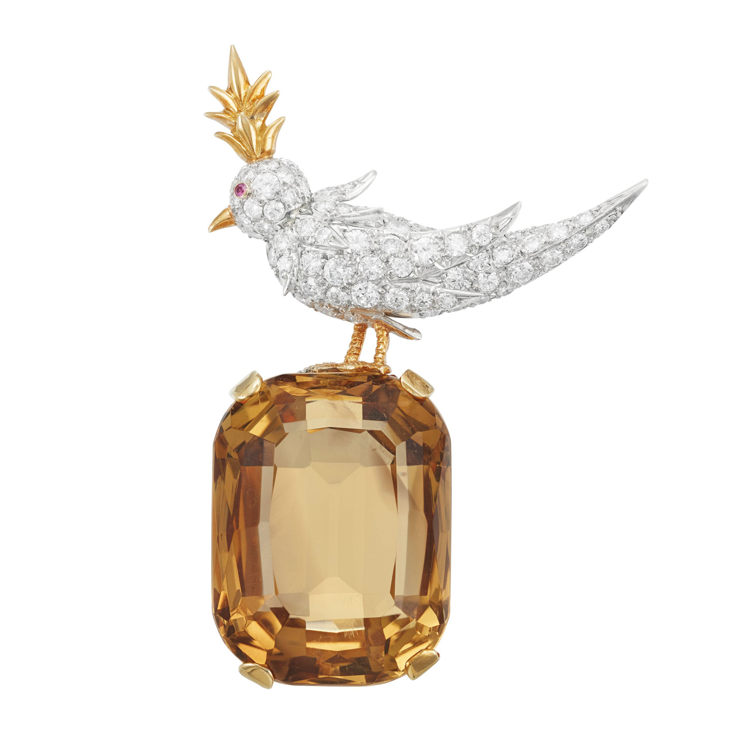 A citrine, diamond and ruby ‘Bird on a Rock’ brooch by Jean Schlumberger, Tiffany & Co. Estimate: $12,000-18,000. Offered in Magnificent Jewels on 16 April at Christie’s in New York