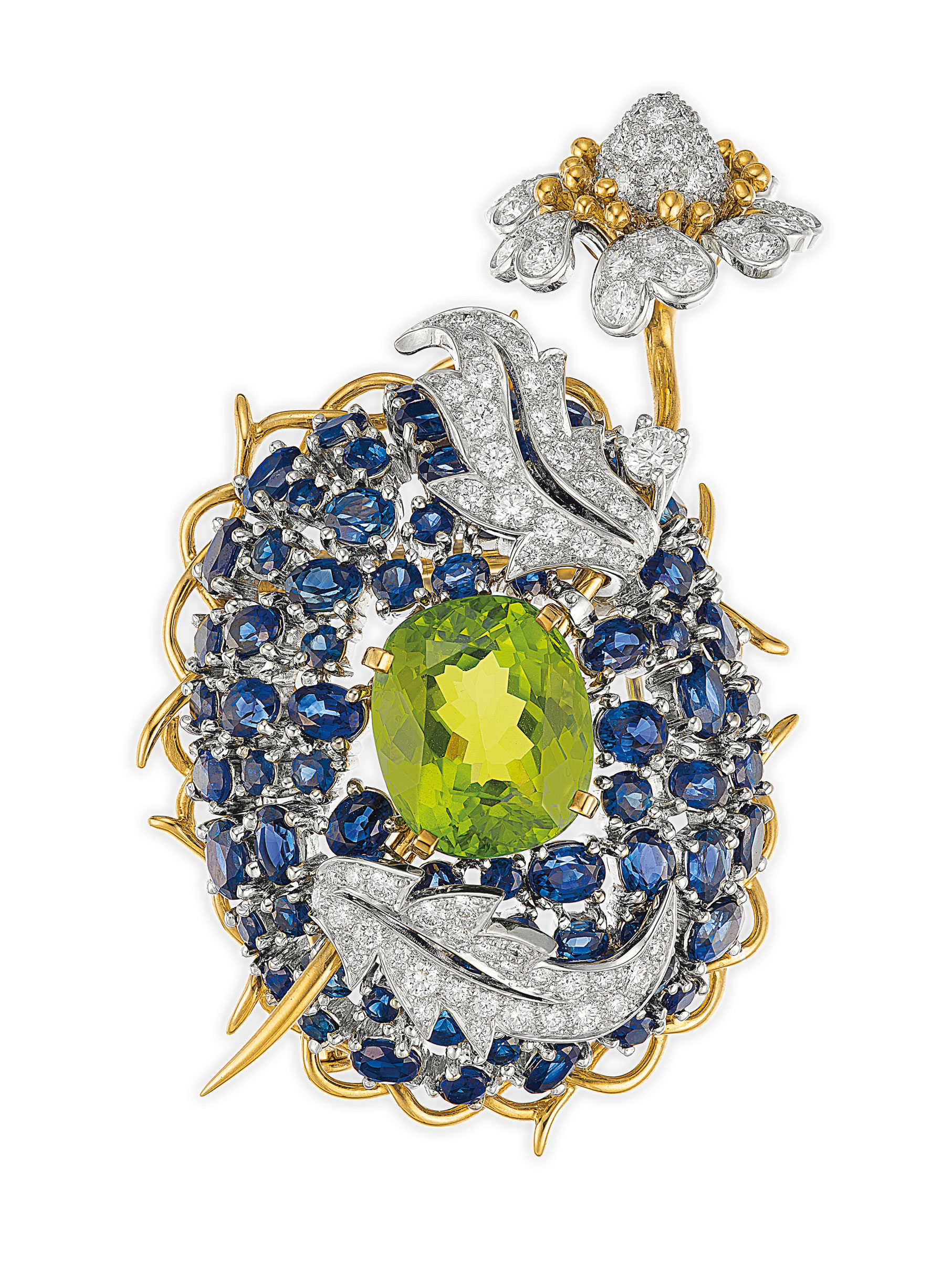 A peridot, sapphire and diamond ‘Bluet’ brooch by Jean Schlumberger, Tiffany & Co. Estimate: $15,000-20,000. Offered in Elegance: A Collection from the Estate of Jean Tailer, part of Magnificent Jewels on 16 April at Christie’s in New York