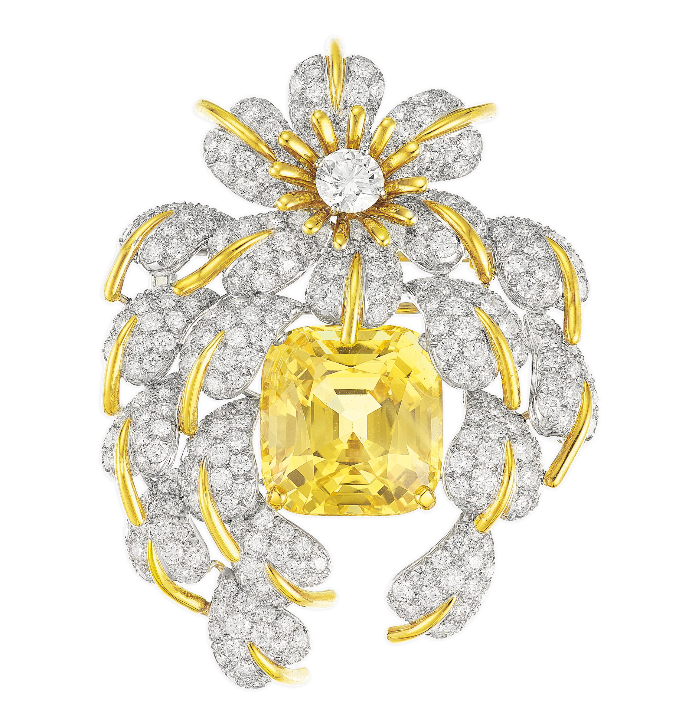 A yellow sapphire and diamond ‘Cascade of Leaves’ brooch by Jean Schlumberger, Tiffany & Co. Estimate: $40,000-60,000. Offered in Elegance: A Collection from the Estate of Jean Tailer, part of Magnificent Jewels on 16 April at Christie’s in New York