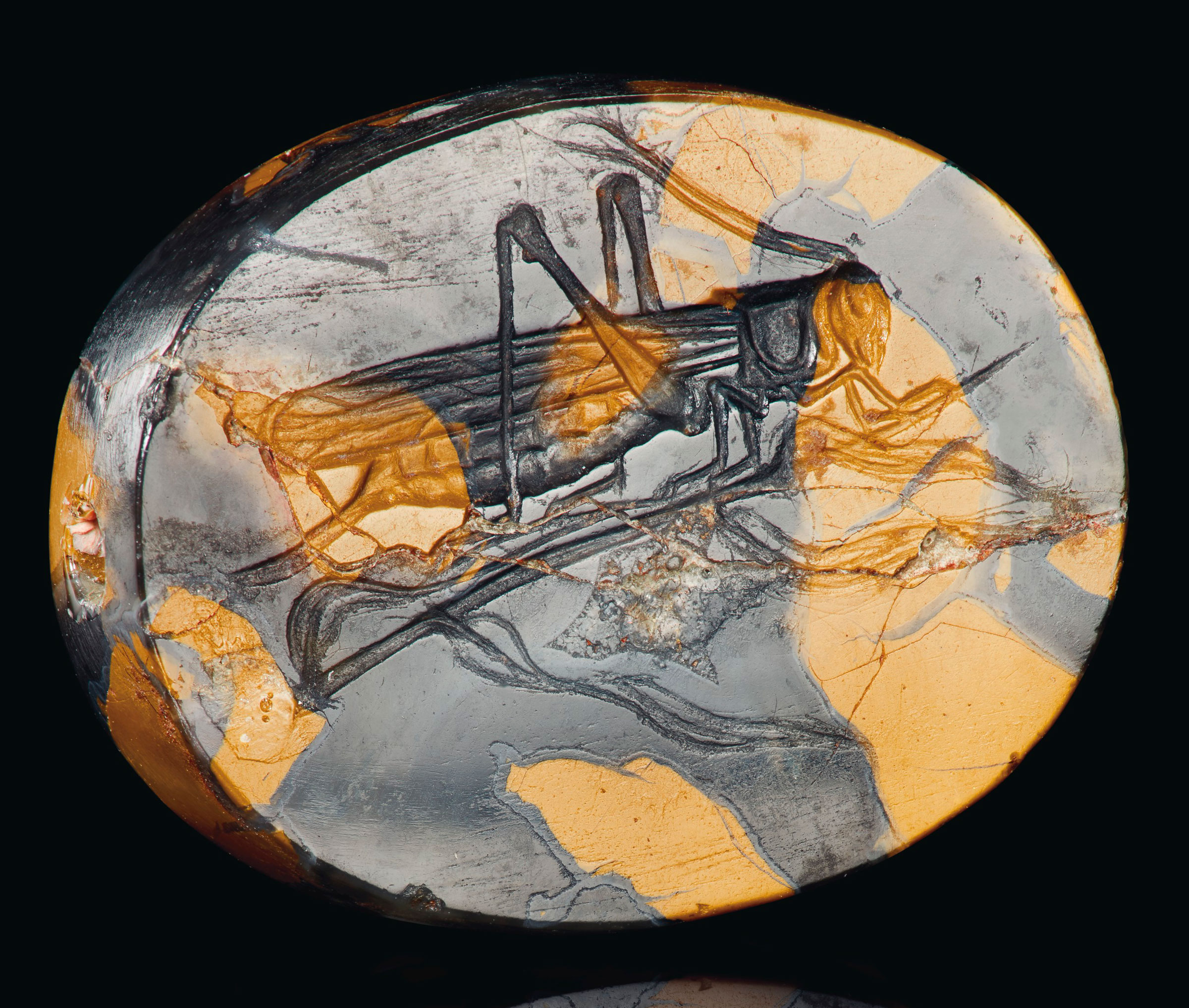 A Greek mottled yellow jasper scaraboid with a grasshopper, attributed to Dexamenos or a close follower, Classical period, circa late 5th century BC. 7/8 in (2.1 cm) long. Sold for $519,000 on 29 April 2019 at Christie’s in New York