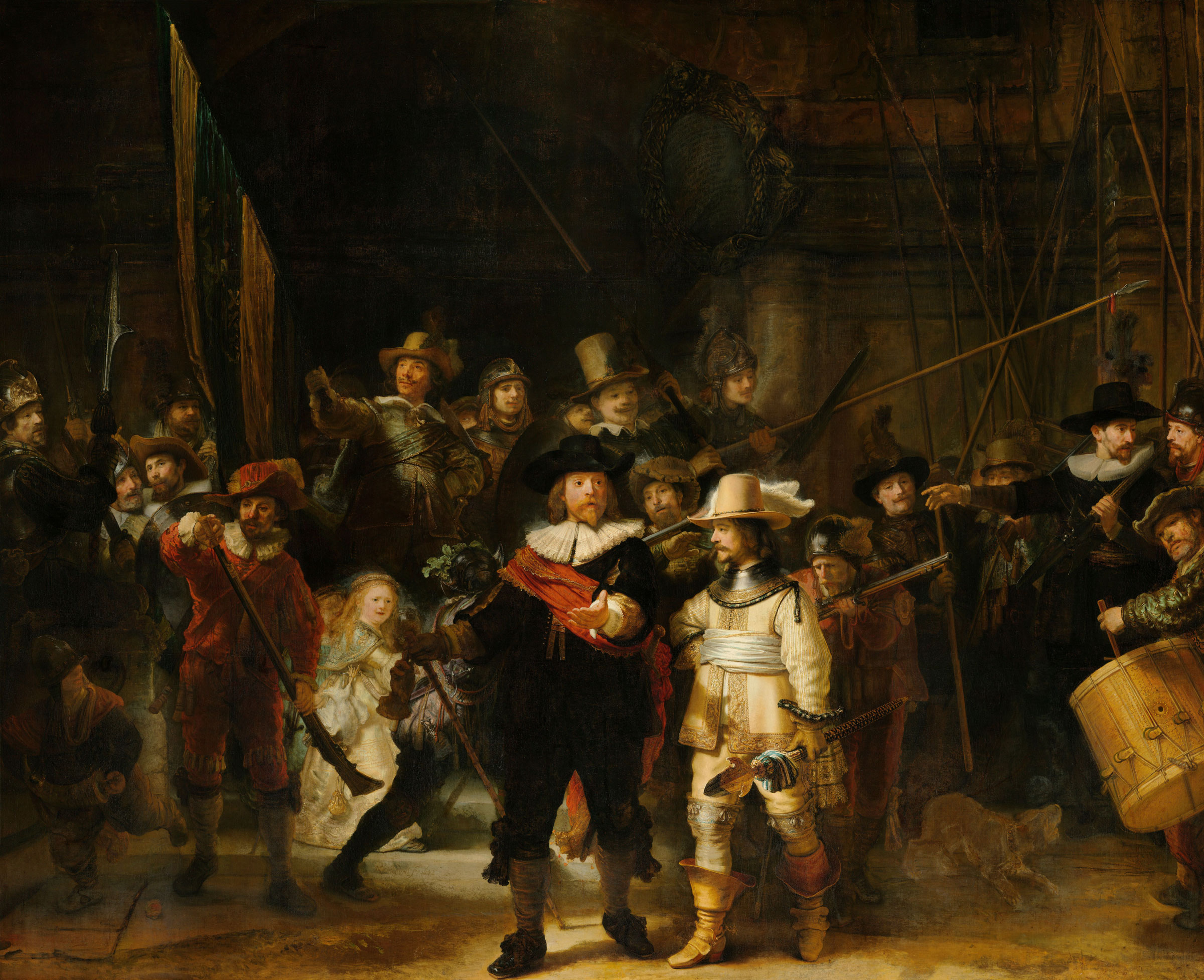 林布蘭（Rembrandt Harmensz. van Rijn），《二區民兵連受命於班寧‧柯克隊長之下》（Militia Company of District II under the Command of Captain Frans Banninck Cocq），通稱為《夜巡》（The Night Watch），1642年作。油彩　畫布。379.5 × 453.5公分。阿姆斯特丹國家博物館，由阿姆斯特丹博物館出借。圖片鳴謝：阿姆斯特丹國家博物館