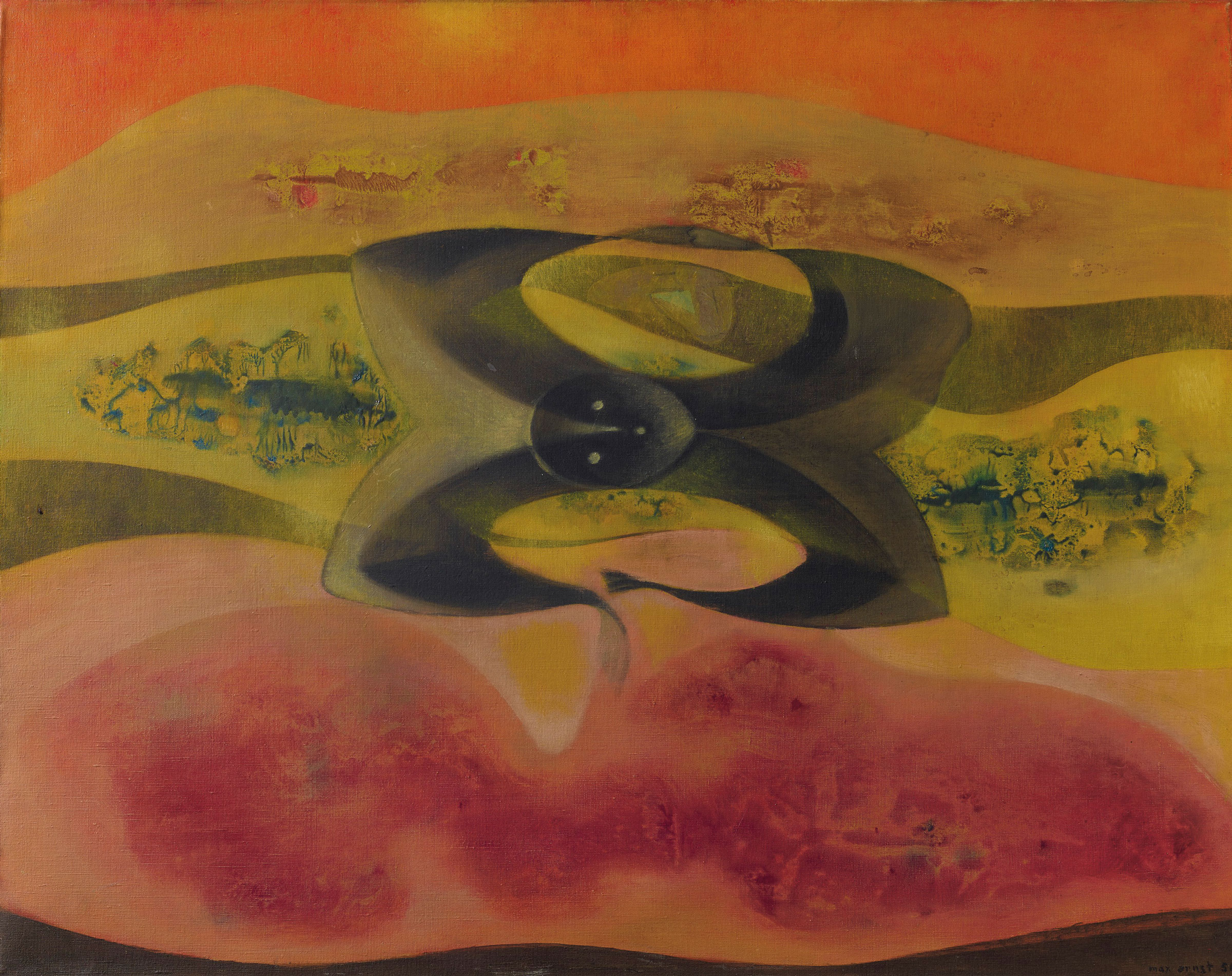 Max Ernst (1891-1976),&nbsp;A la nage, 1950. Oil on canvas. 28 x 36 in (71.1 x 92.1 cm).&nbsp;&copy; 2019 Artists Rights Society (ARS), New York / ADAGP, Paris