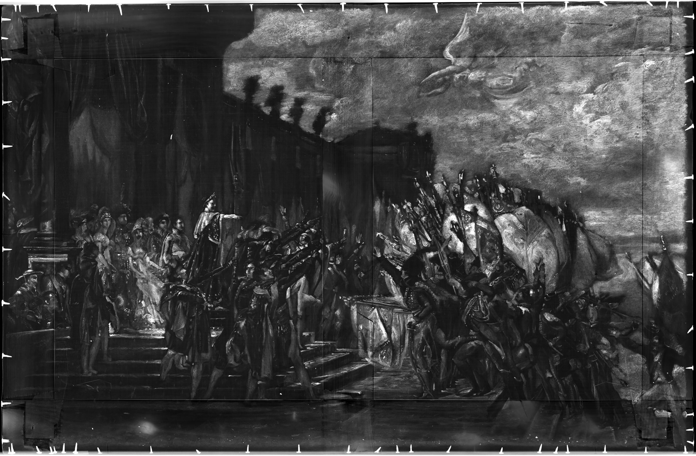 The X-ray image of Jacques-Louis David's&nbsp;The Distribution of the Eagle Standards&nbsp;revealed David's original composition, featuring the Empress Jos&eacute;phine, in white seated to the right of Napoleon, and a winged allegory of Victory in the clouds