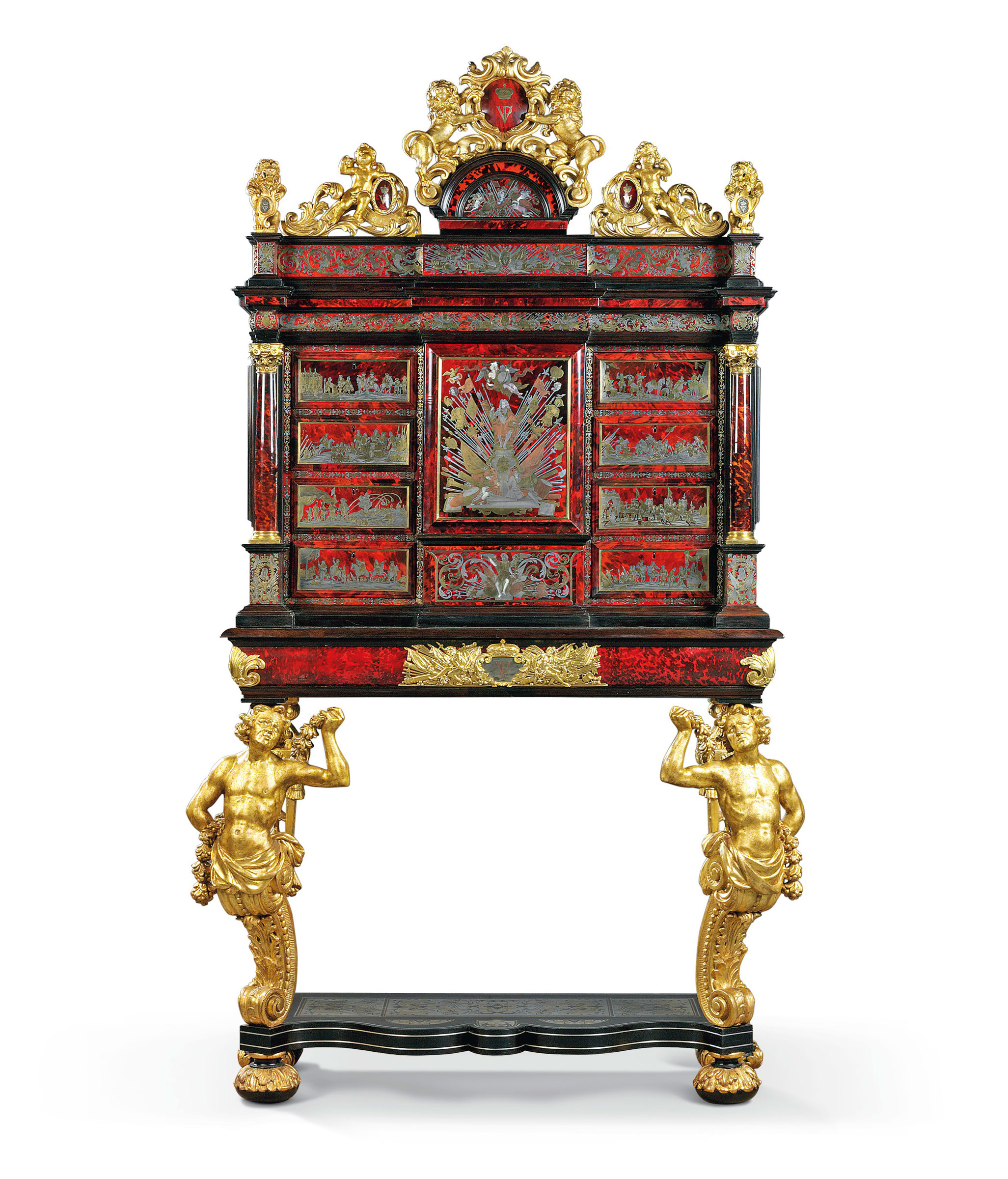 One of a pair of Royal Flemish tortoiseshell, brass, pewter, inlaid ‘boulle’ marquetry and giltwood cabinets attributed to Hendrick van Soest, Antwerp, circa 1713. Estimate: £1,500,000-2,500,000. Offered in Masterpieces from a Rothschild Collection on 4 July at Christie’s London