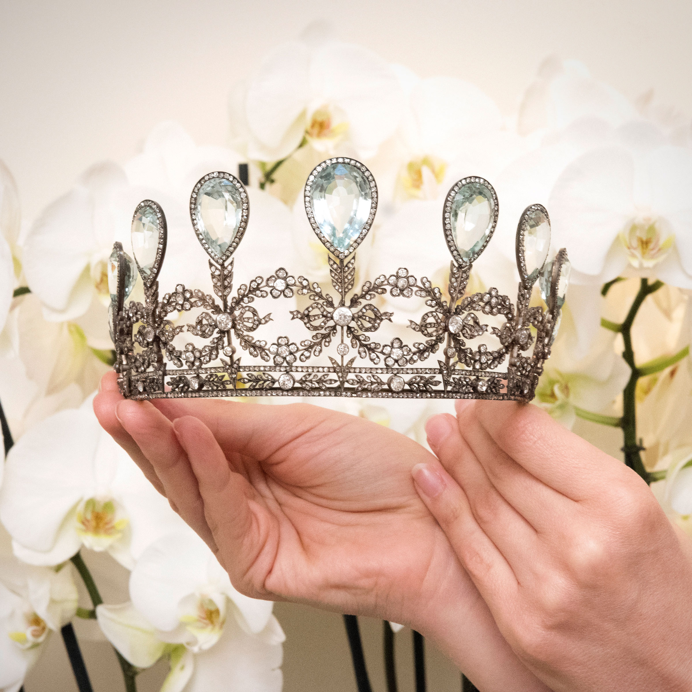 A rare aquamarine and diamond tiara, Fabergé, 1904. Sold for CHF 1,035,000 on 15 May 2019 at Christie’s in Geneva