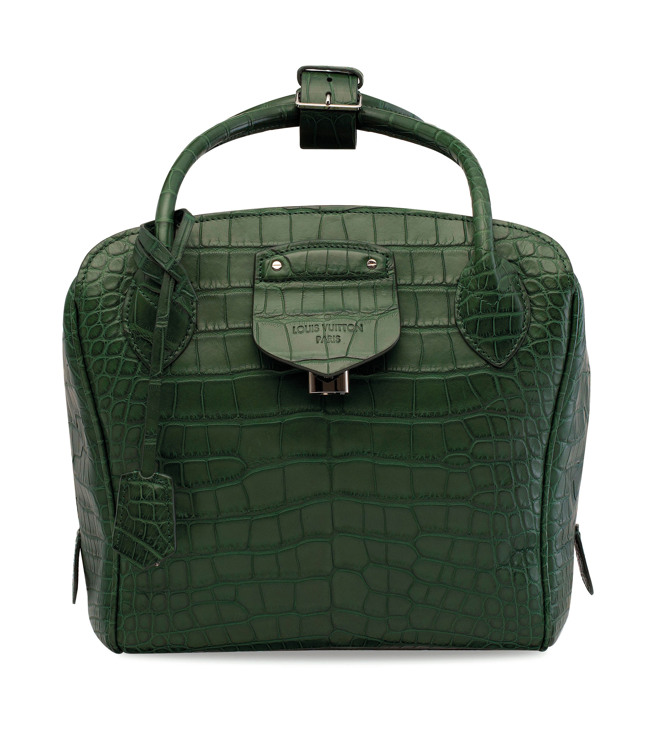 A custom matte dark green niloticus crocodile Haute Maroquinerie Milaris GM with silver hardware, Louis Vuitton, 2000s. 28 w x 24.5 h x 17.5 d cm