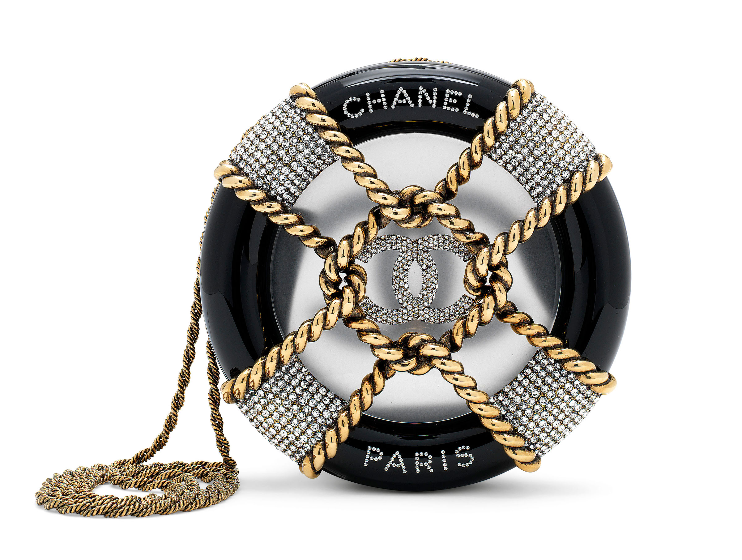A Métiers d’Art Paris-Hamburg runway black lucite, strass & gold Rudder evening bag, Chanel, 2018. 17 w x 17 h x 4.5 d cm. Sold for £8,125 on 11 June 2019 at Christie’s in London