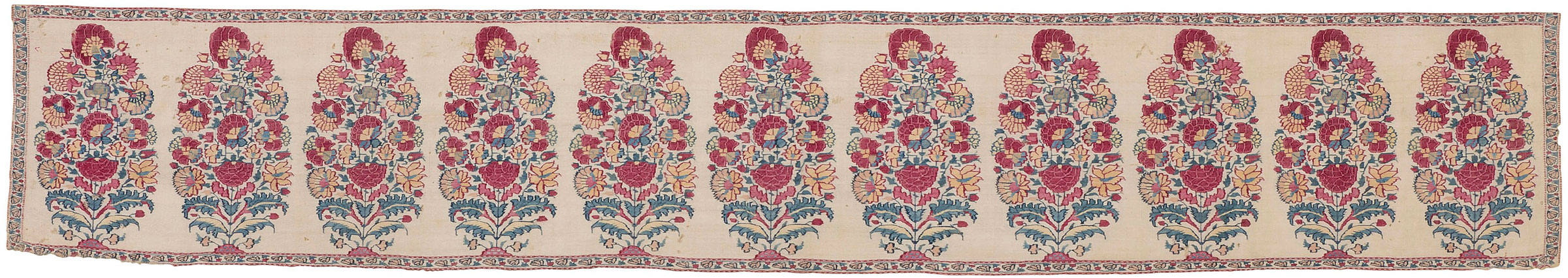 A very fine shawl border fragment (dochalla palla), Mughal India, 17th century. 8⅝ x 52¾ in (22 x 134 cm). Estimate: £4,000-6,000. Offered in An Important Private Collection of Kashmir Shawls, 11-18 June 2019, Online