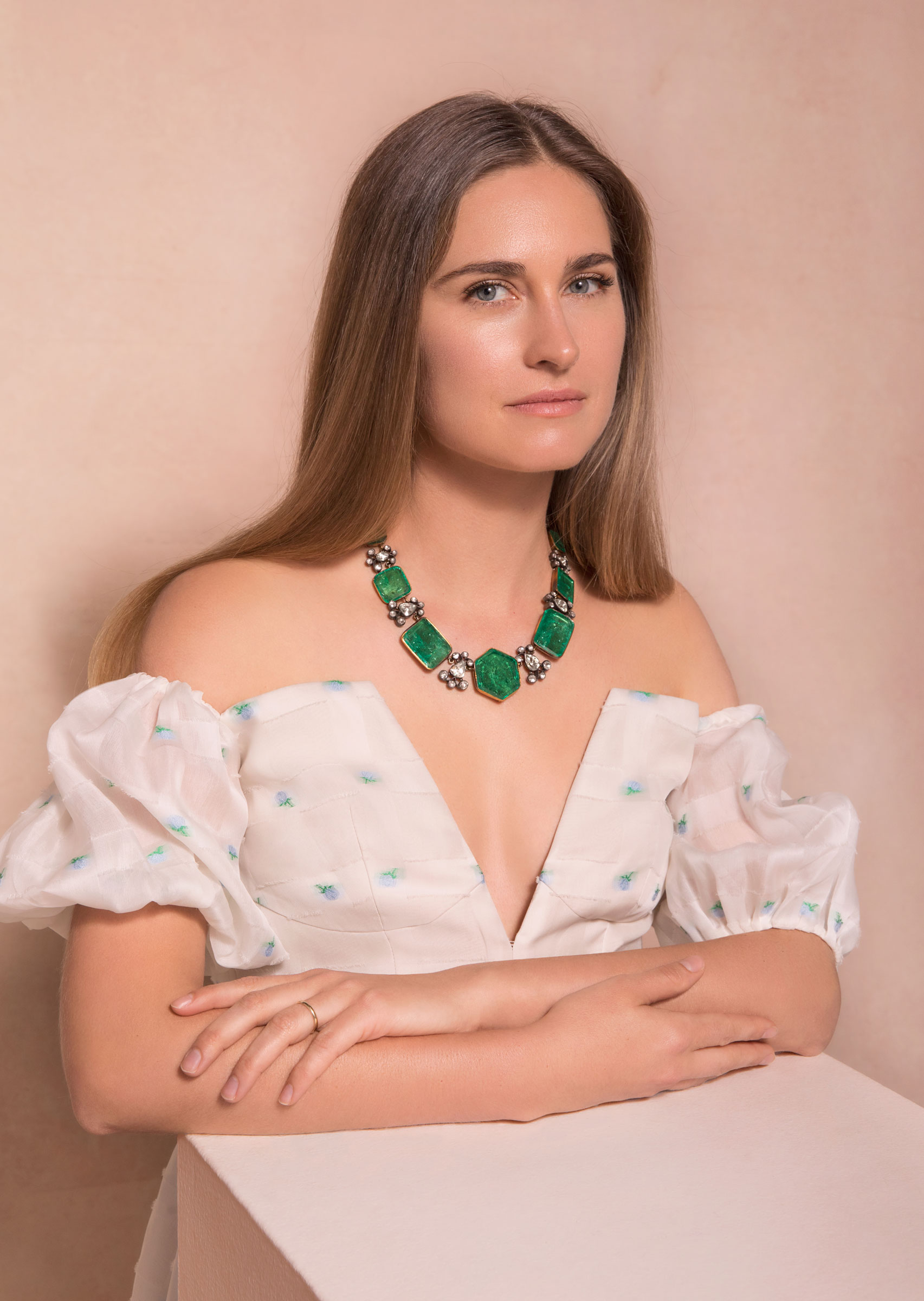 Lauren wears an antique emerald and diamond sarpech. Estimate: $200,000-400,000. Offered in Maharajas & Mughal Magnificence on 19 June 2019 at Christie’s in New York