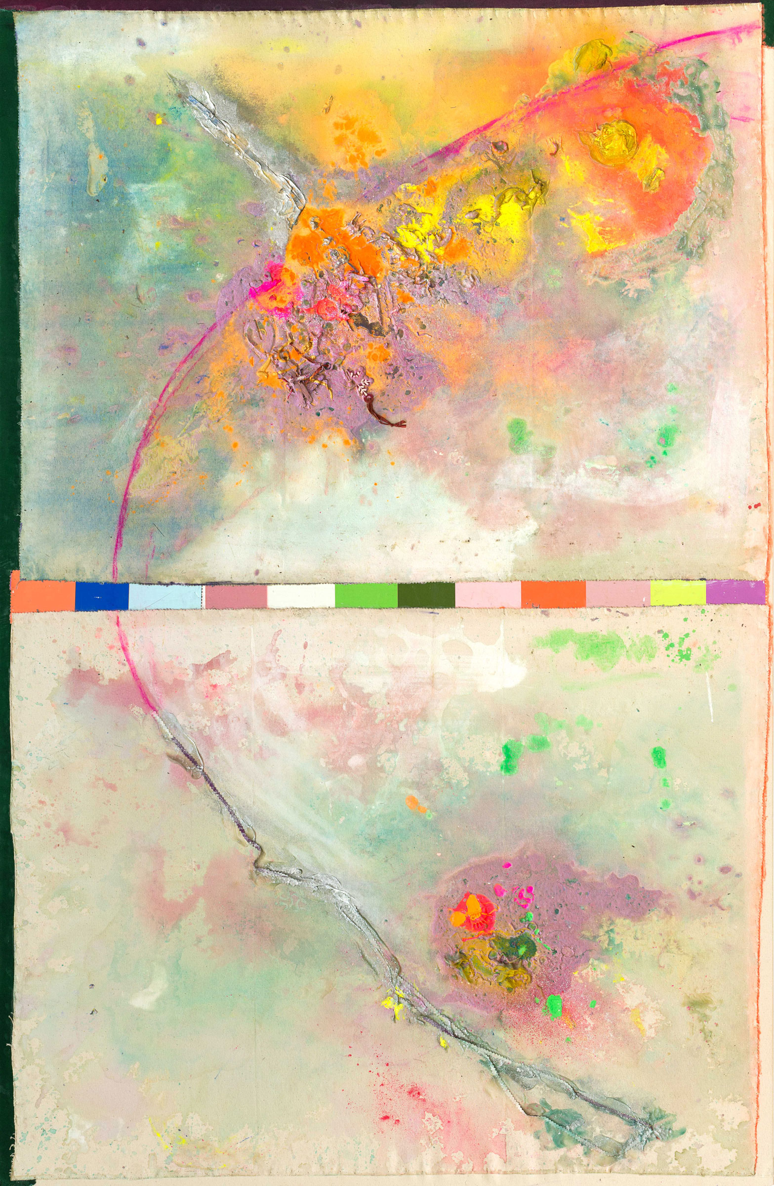 Frank Bowling (b. 1934), Iona Miriam's Christmas Visit to & from Brighton, 2017. Acrylic paint and plastic objects on collaged canvas. 74 x 48 in (189 x 122.5 cm). Courtesy Frank Bowling and Hales Gallery, Alexander Gray Associates and Marc Selwyn Fine Art. © Frank Bowling. All Rights Reserved, DACS 2018