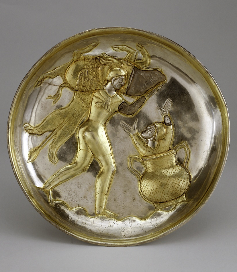 A Sasanian parcel-gilt silver plate, circa 5th-7th century AD, 19.9 cm diameter, from the Ortiz Collection&nbsp;