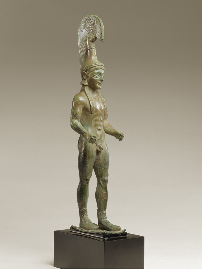 A Greek bronze youth in helmet and boots, circa 520 BC, 19.6 cm high, from the Ortiz Collection&nbsp;