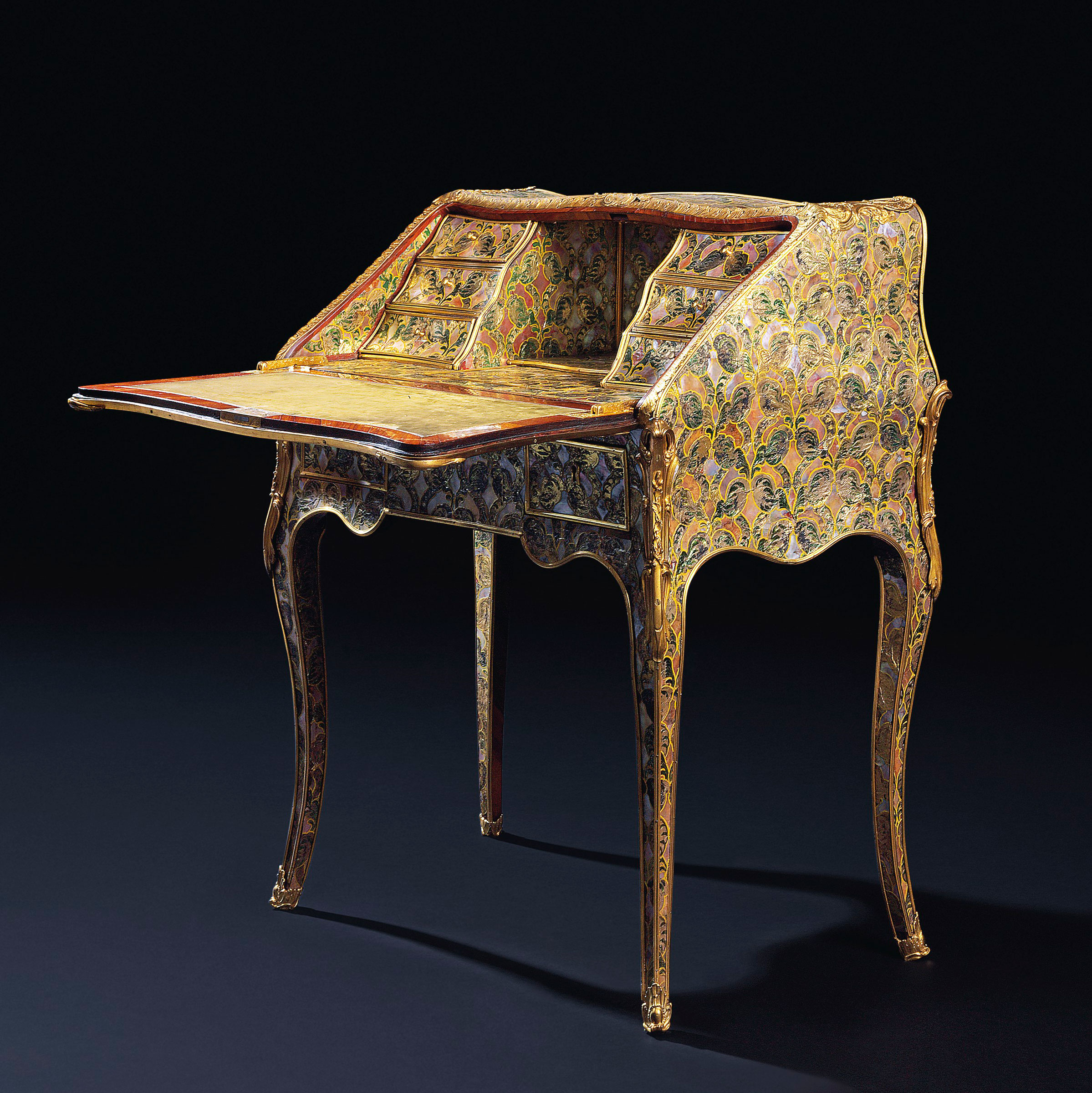 A rare German ormolu-mounted mother-of-pearl, green and gilt painted silver foil, rosewood and bois satine bureau de pente, Attributed to Franz Zeller, circa 1750-60. 37&frac12; in (95.2 cm) high; 31 &frac34; in (80.5 cm) wide; 17&frac34; in (45 cm) deep