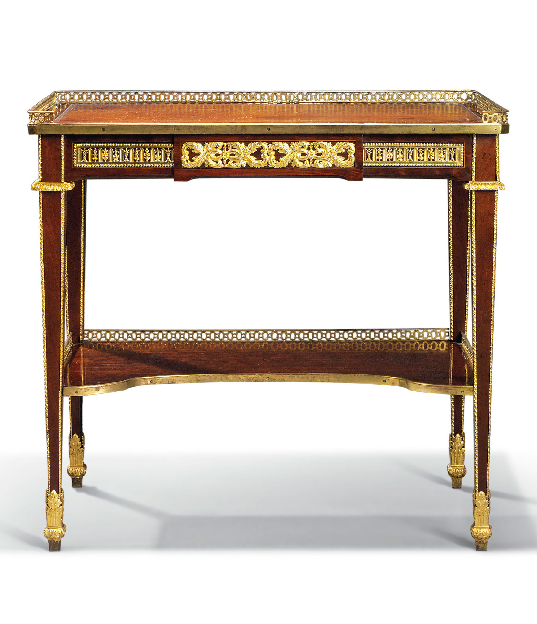 A royal Louis XVI ormolu-mounted mahogany, ebony and fruitwood writing table, by Jean-Henri Riesener, circa 1785. 30 in (76.2 cm) high; 31&frac34;  in (80.6  cm) wide; 19  in (48.3 cm) deep. Sold for &pound;1,091,250 in Masterpieces from a Rothschild Collection&nbsp;on 4 July 2019 at Christie&rsquo;s in London