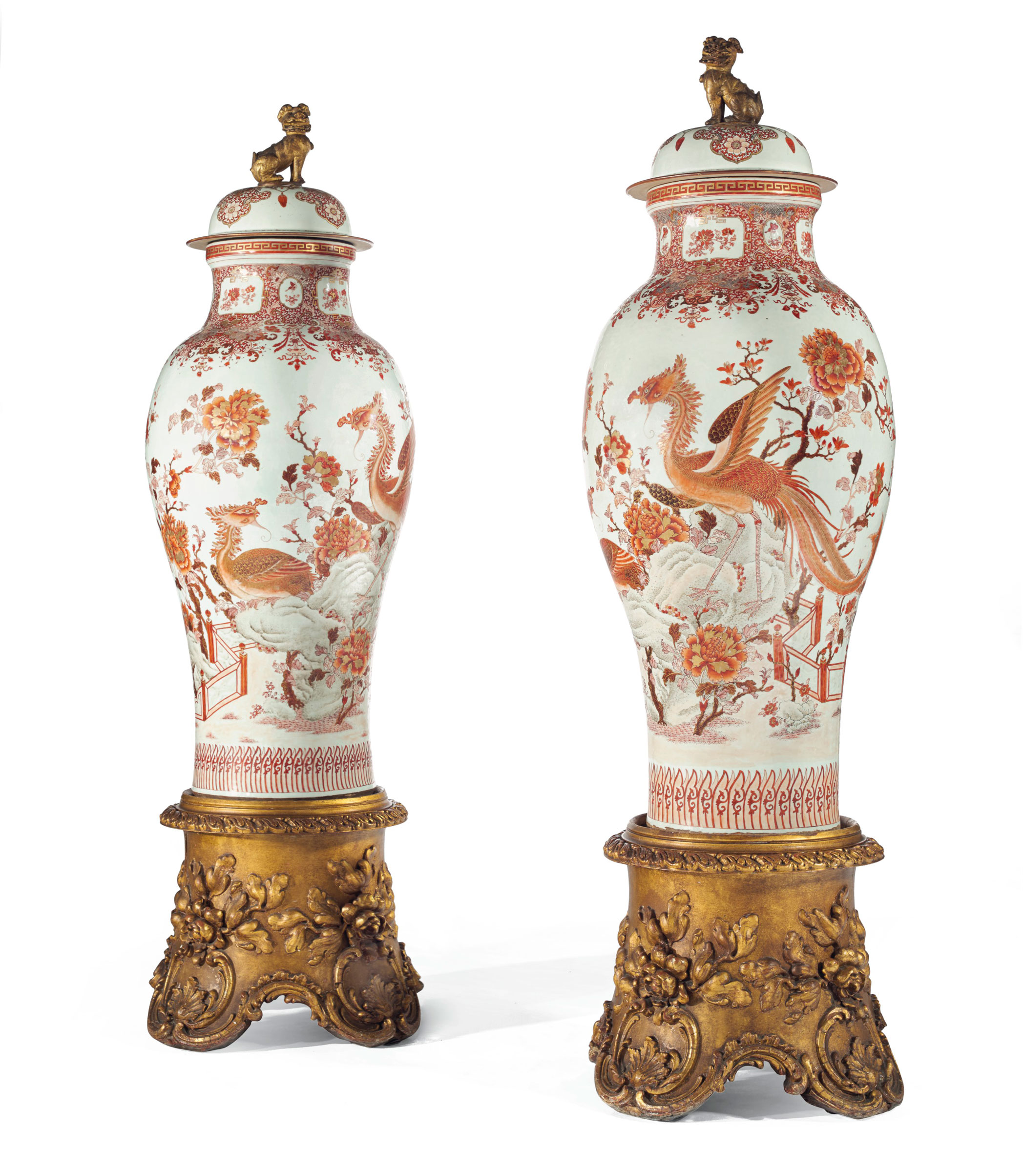 Important pair of iron-red porcelain ‘soldier’ vases, China, Qing Dynasty, Qianlong period (1736-1795). Height 53¾ in (136.5 cm). Sold for €235,500 on 28 November 2017 at Christie’s in Paris