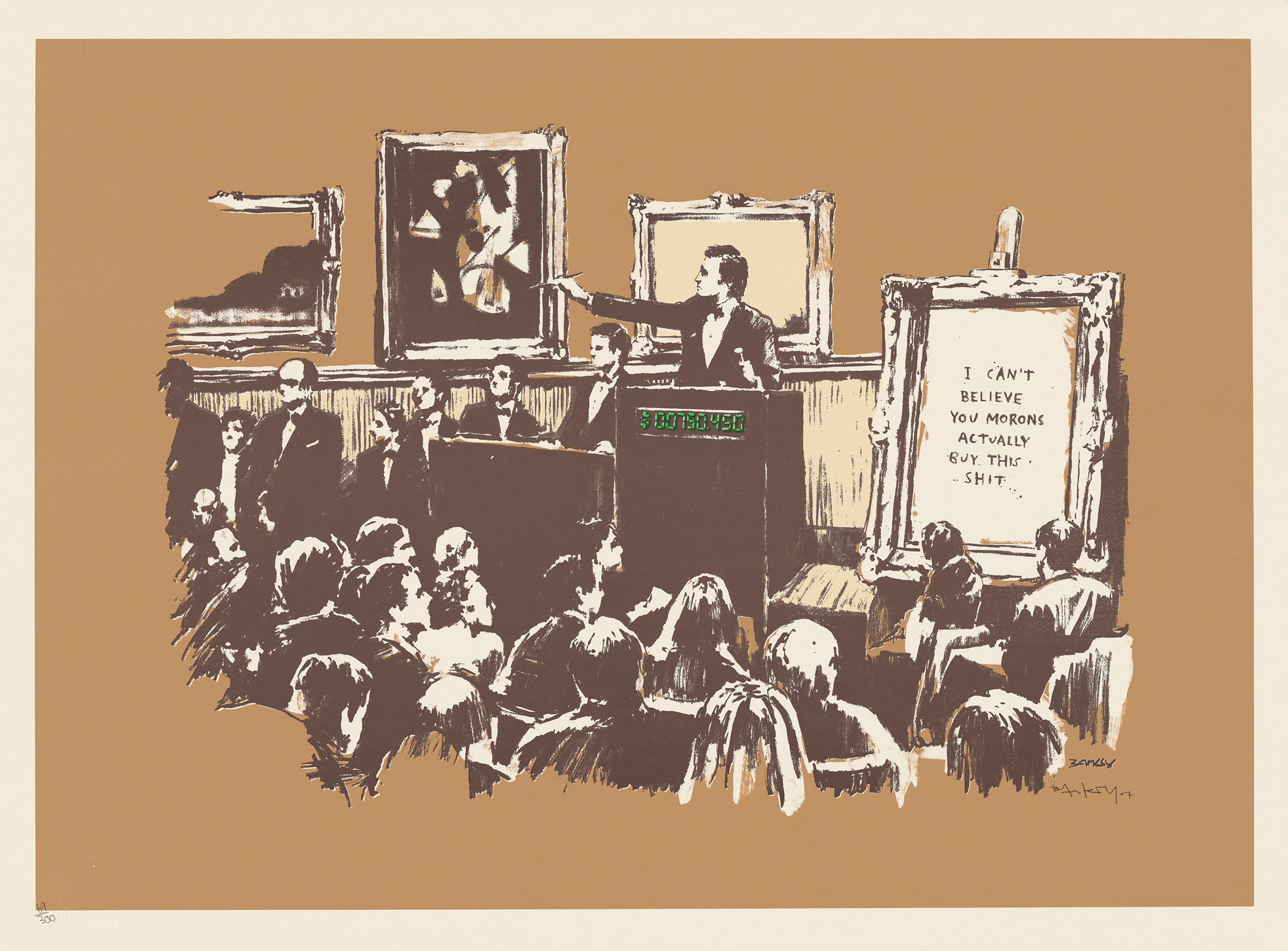 Banksy（1974年生），《白痴（棕褐色）》，2007年作。彩色絲網印刷。紙張563 x 758毫米。估價：20,000 &ndash; 30,000英鎊。此作於2020年9月10至23日在Banksy：傻子才會買這垃圾網上拍賣中呈獻
