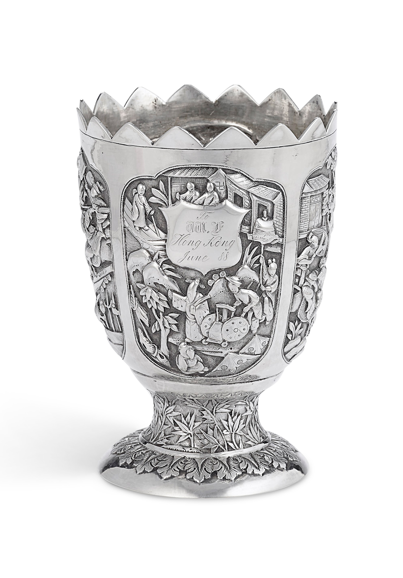 A Chinese export silver celery vase, mark of Wang Hing &amp; Co. Hong Kong, circa 1888.&nbsp;4&frac34; in (12 cm) high. Estimate: $2,000-3,000. Offered in&nbsp;Chinese and Japanese Export Silver Online: Property from the Collection of Myrna and Bernard Posner, Online, 15-22 August 2019

