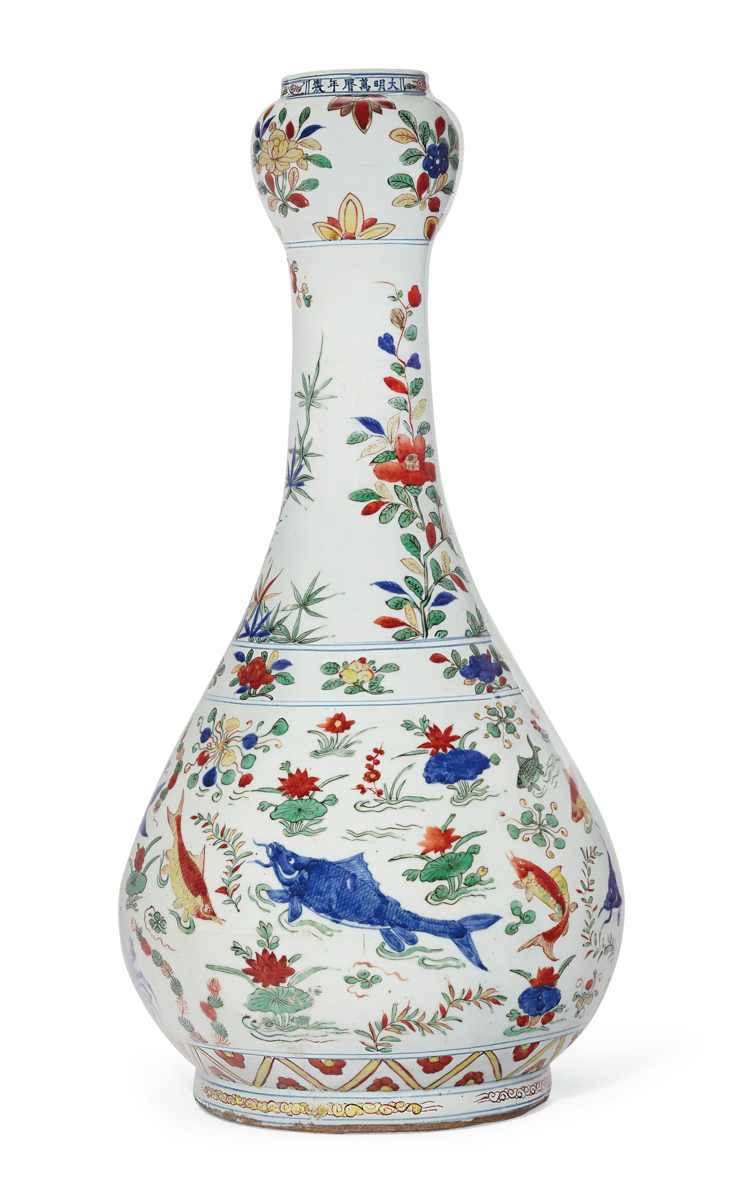 A rare large wucai 'garlic-head' vase, Wanli six-character mark in underglaze blue in a line and of the period (1573-1619). 22¼  in (56.5  cm) high. Estimate: $200,000-300,000. Offered in Chinese Art from The Art Institute of Chicago  on 12 September 2019 at Christie’s in New York