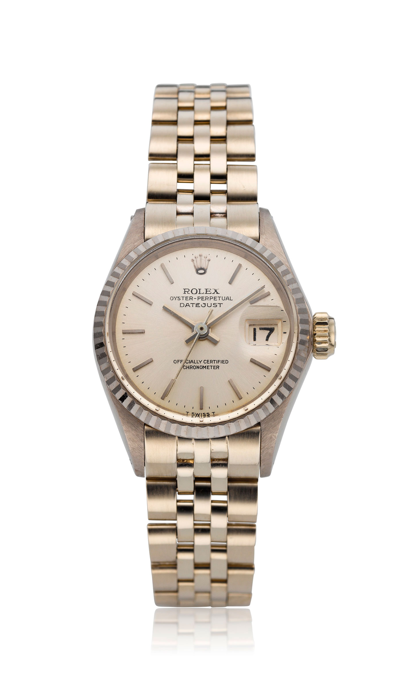 劳力士，女装18K金&ldquo;Datejust&rdquo;腕表，型号6517。链带尺寸：6.1吋 / 155毫米。估价：3,500 &ndash; 5,500美元。此拍品于2019年7月30日至8月13日佳士得精致名表网上拍卖「The Keystone Collection」中售出，成交价3,750美元。
