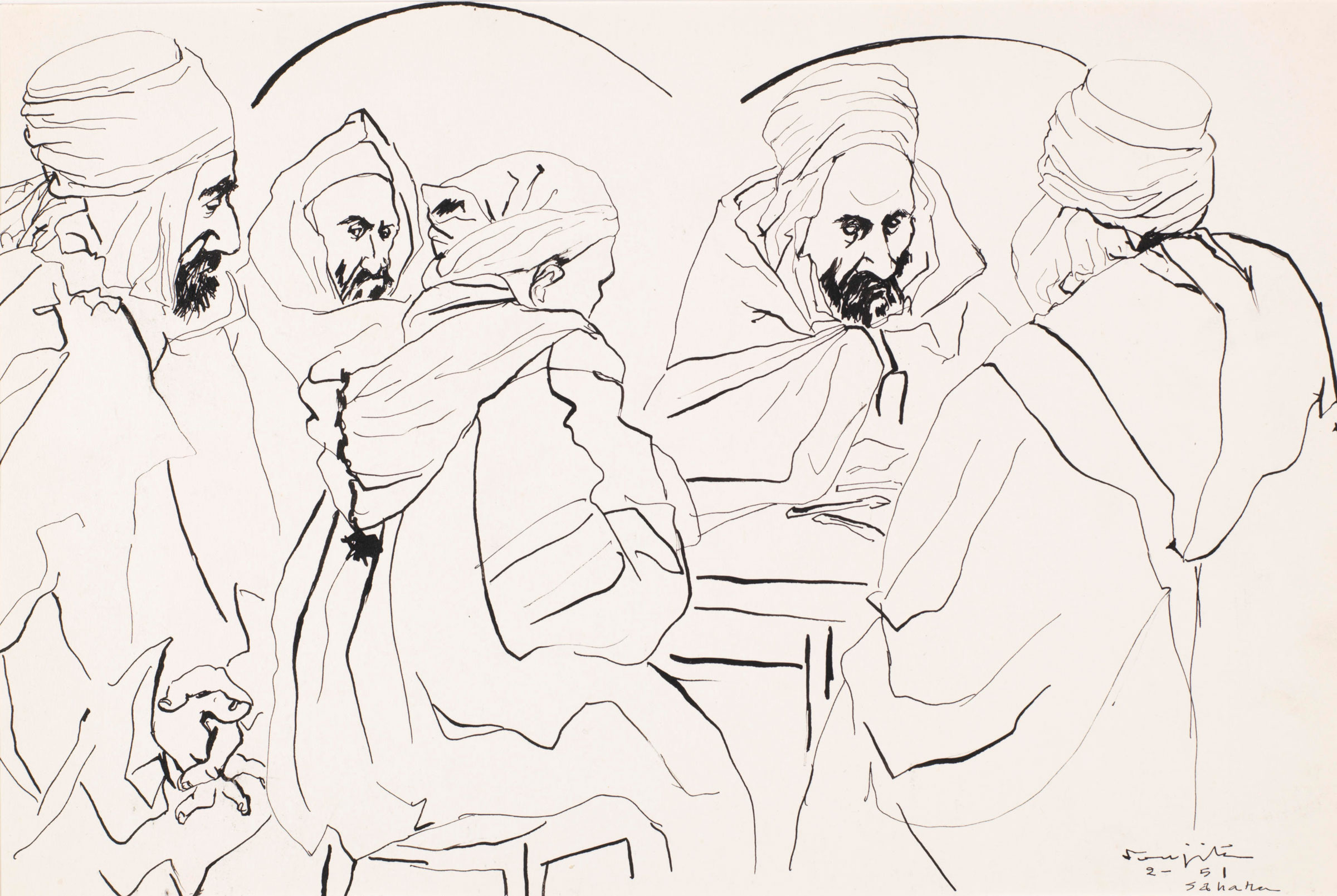 藤田嗣治（1886-1968），《撒哈拉》，1951年作。款識：Foujita 2- 51 Sahara（右下）。油性墨水紙板。23.6 x 35.4公分（9.29 x 13.9吋）。2019年9月18至25日於佳士得網上專場售出，成交價9,375美元