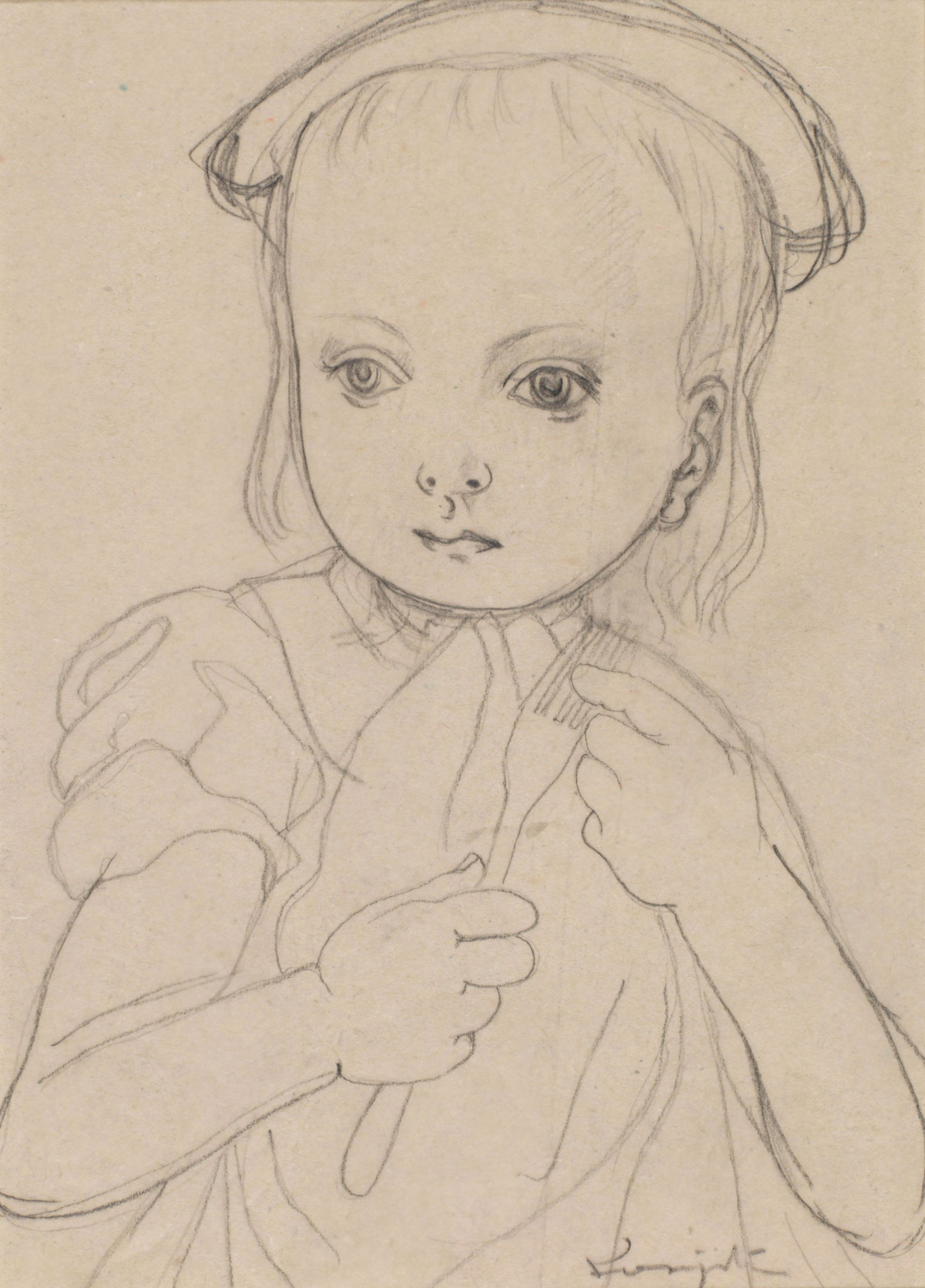 藤田嗣治（1886-1968），《無題（持叉子的小女孩）》。款識：Foujita（右下）。鉛描摹紙。21 x 15公分（8.3 x 5.9吋）。2019年9月18至25日於佳士得網上專場售出，成交價21,250美元