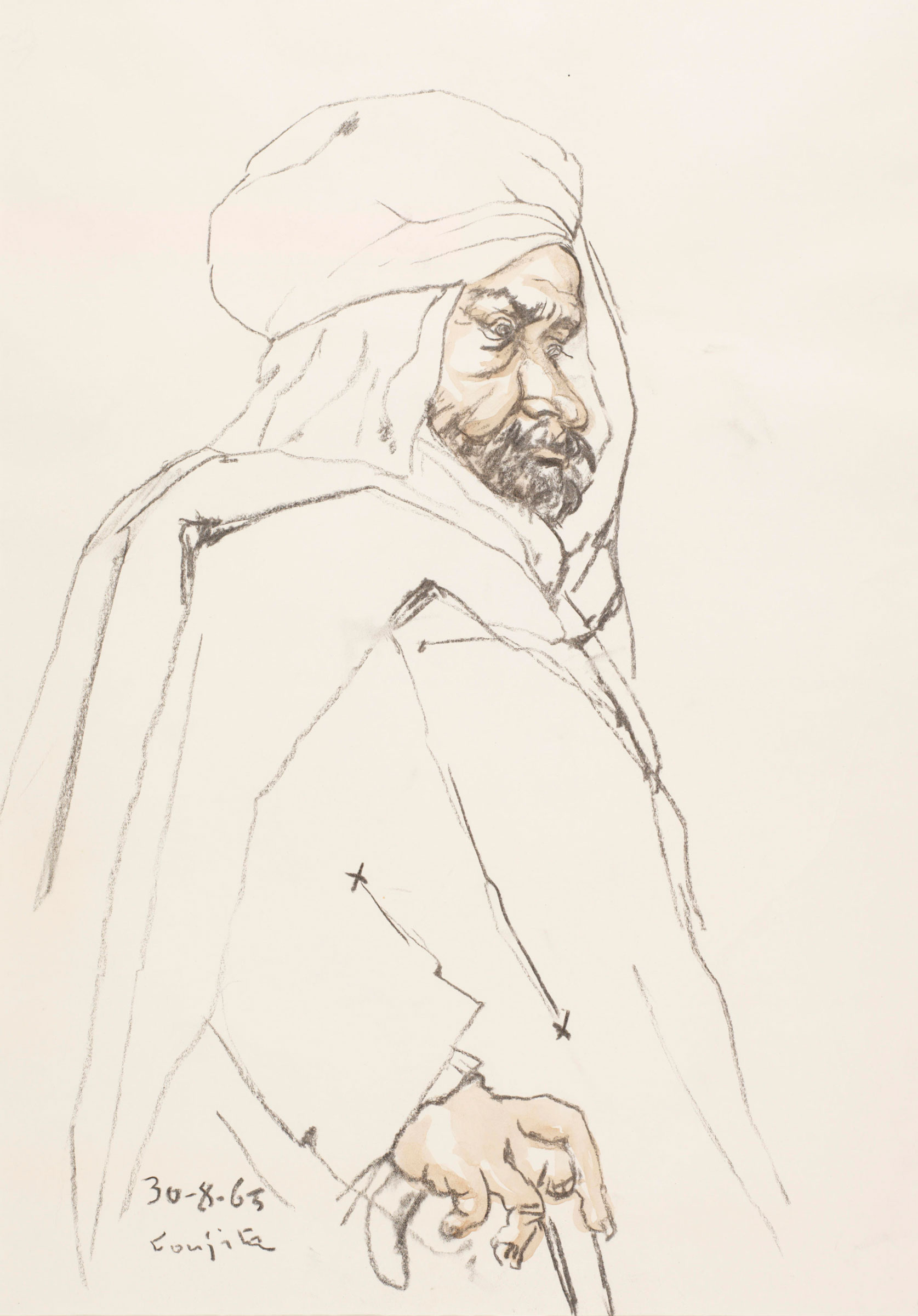 藤田嗣治（1886-1968），《無題（男子）》，1965年作。款識：30-8-65 Foujita （左下）。水彩及碳紙本。54.2 x 40.7公分（12 3/8 x 16吋）。2019年9月18至25日於佳士得網上專場售出，成交價18,750美元