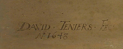 小大衛·特尼爾的簽名、紀年和自畫像，來自其作品《火腿早餐》