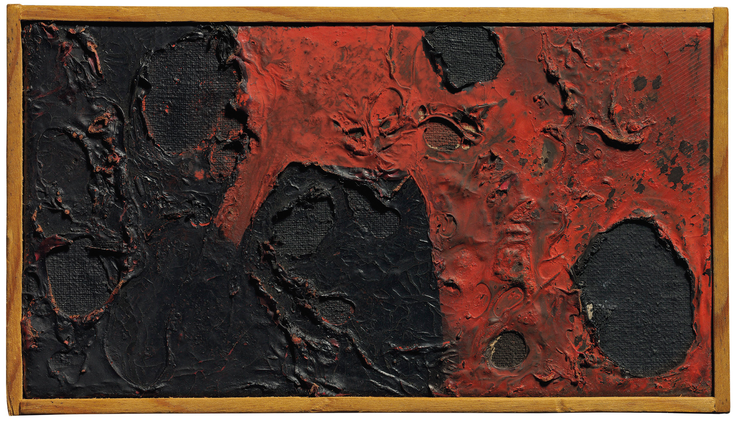 Alberto Burri (1915-1995), Combustione, 1960. Plastic, oil and combustion on canvas. 2⅞ x 5¼ in (7.3 x 13.2 cm). Sold for £299,250 on 4 October 2019 at Christie’s in London. Artwork: © Fondazione Palazzo Albizzini Collezione Burri, Città di Castello / DACS 2019