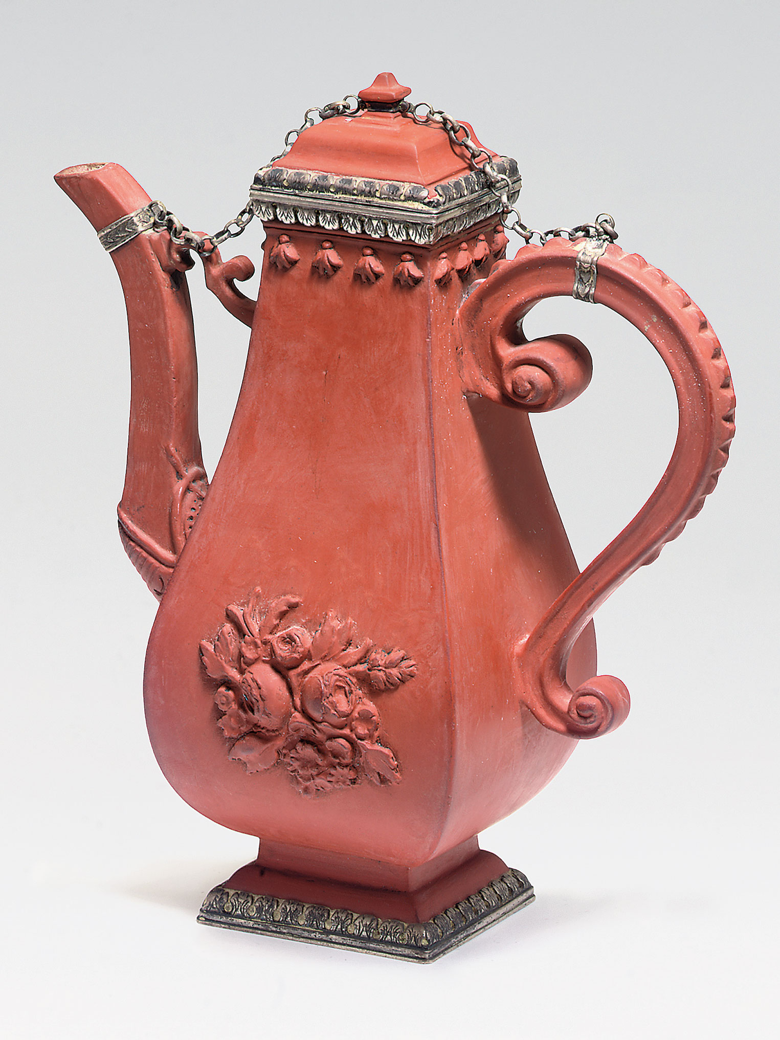 A Böttger red stoneware silver-mounted baluster coffee-pot and cover, circa 1710-13. Sold for £78,500 on 11 December 2007 at Christie’s in London