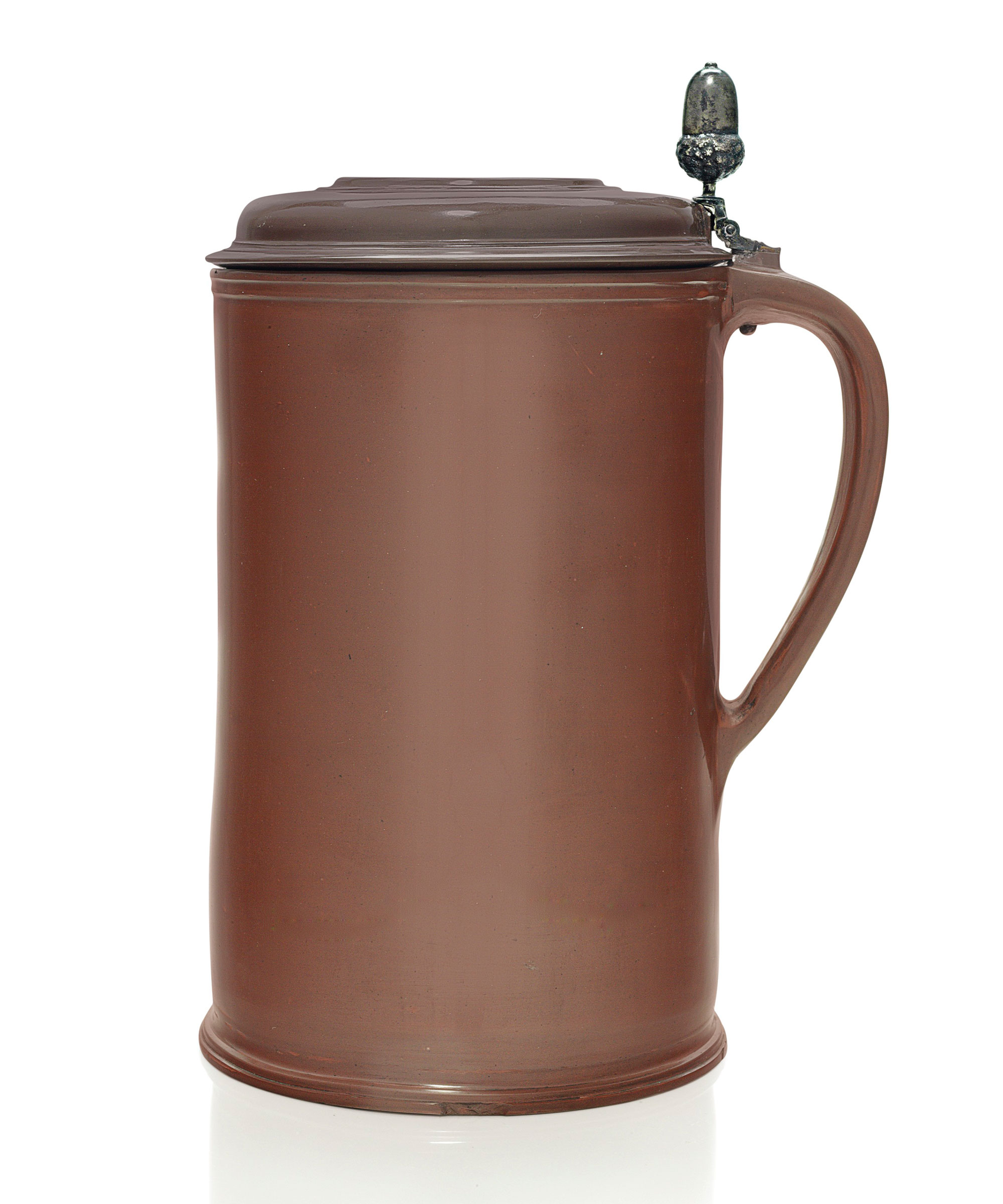 A silver-mounted B&ouml;ttger polished and cut red stoneware tankard and cover. The unusual star-type mark (right) indicates that is was made by the potter George Michel