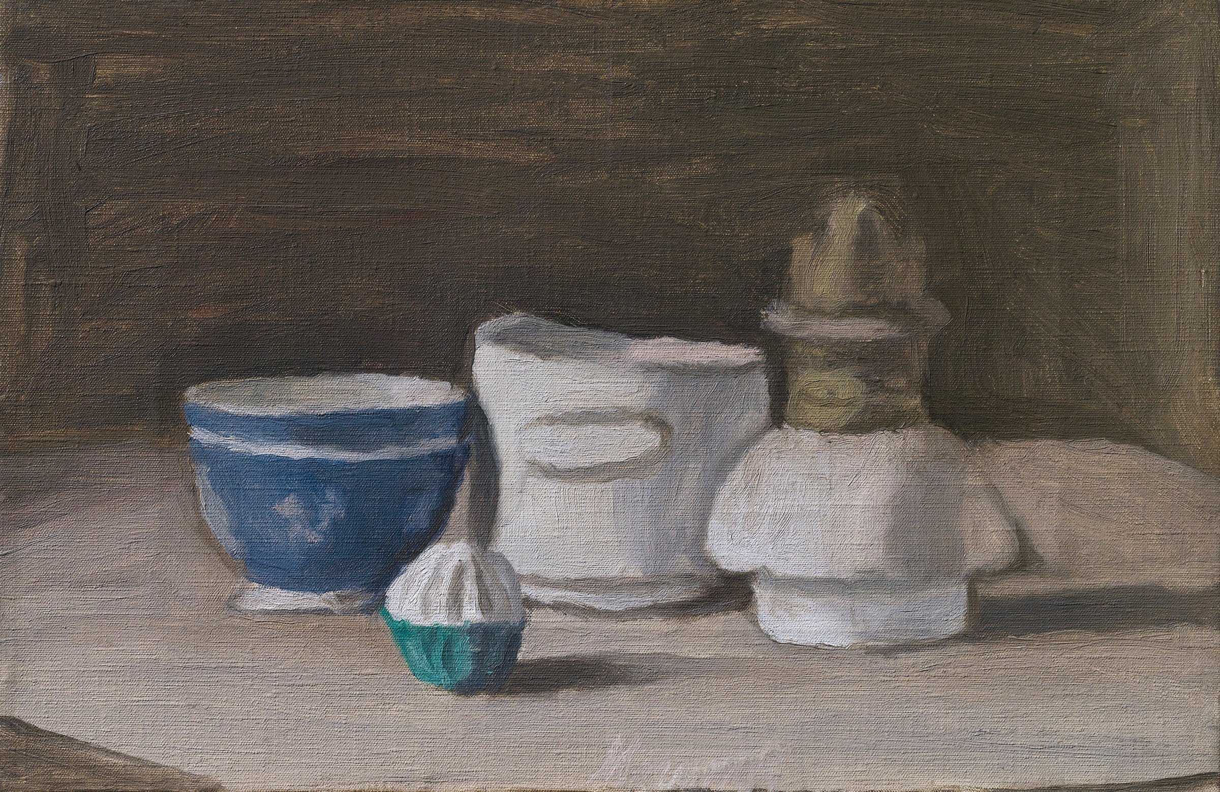 乔治·莫兰迪(1890-1964) 《静物》 1946年作。油彩 画布。9¼ x 14⅛ 吋(23.5 x 36公分)。估价:400-600,000英镑。此拍品于2019年10月4日佳士得伦敦意大利思潮拍卖中呈献。© 2019 Artists Rights Society (ARS), New York/SIAE Rome