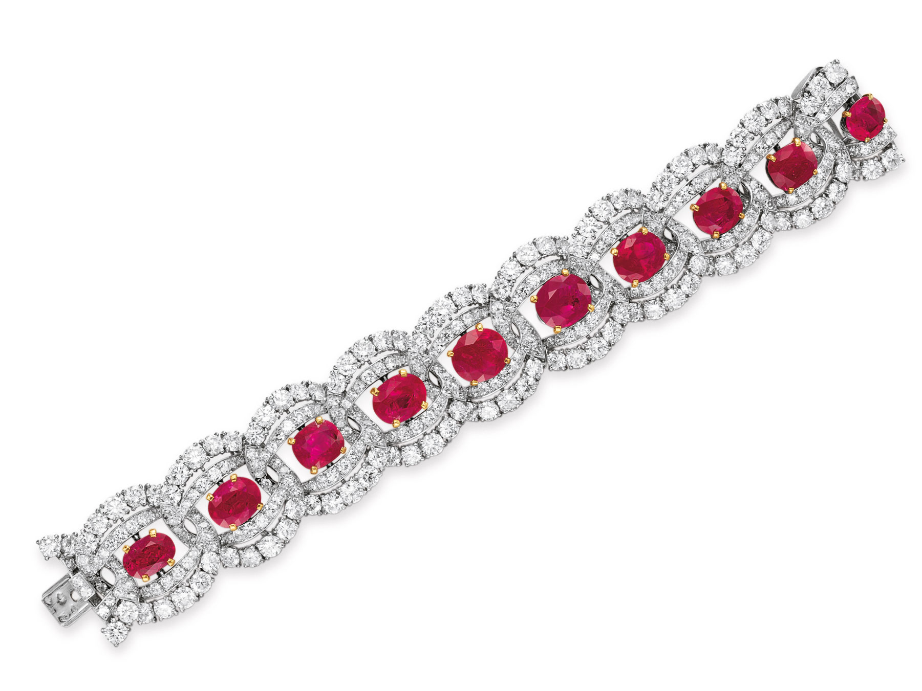 A ruby and diamond bracelet by Cartier. Sold for $842,500 on 13 December 2011 at Christie’s in New York