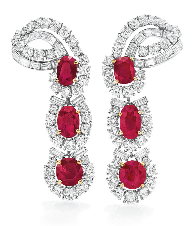 A pair of ruby and diamond ear pendants by Cartier. Sold for $782,500 on 13 December 2011 at Christie’s in New York