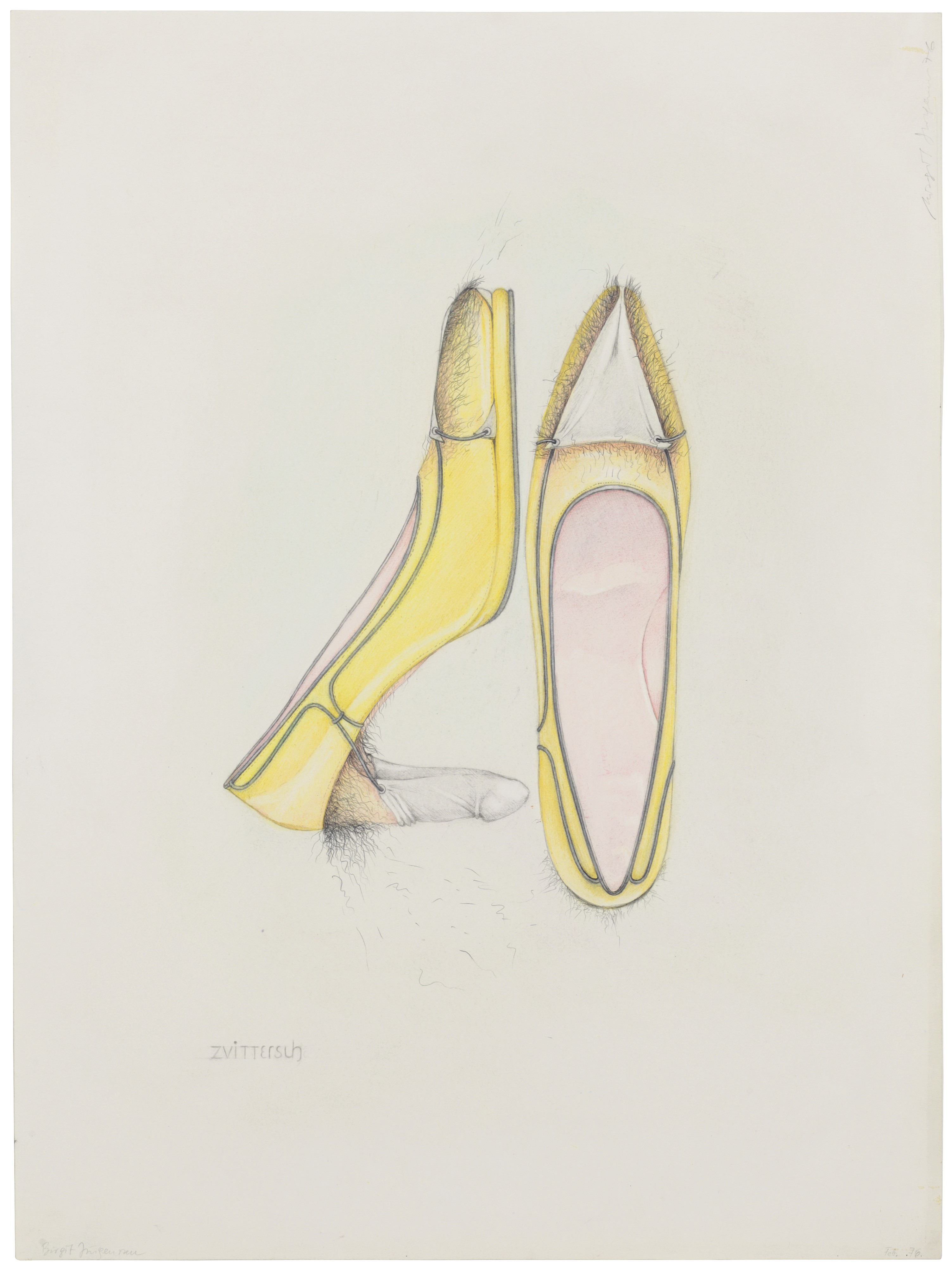 Birgit Jürgenssen (1949-2003), Zwitterschuh (Hermaphrodite Shoe), 1976. Graphite and coloured pencil on paper. 20⅝ x 15½ in (52.5 x 39.5 cm). Estimate: £6,000-9,000. Offered in Post-War and Contemporary Art Day Auction on 5 October 2019 at Christie’s in London