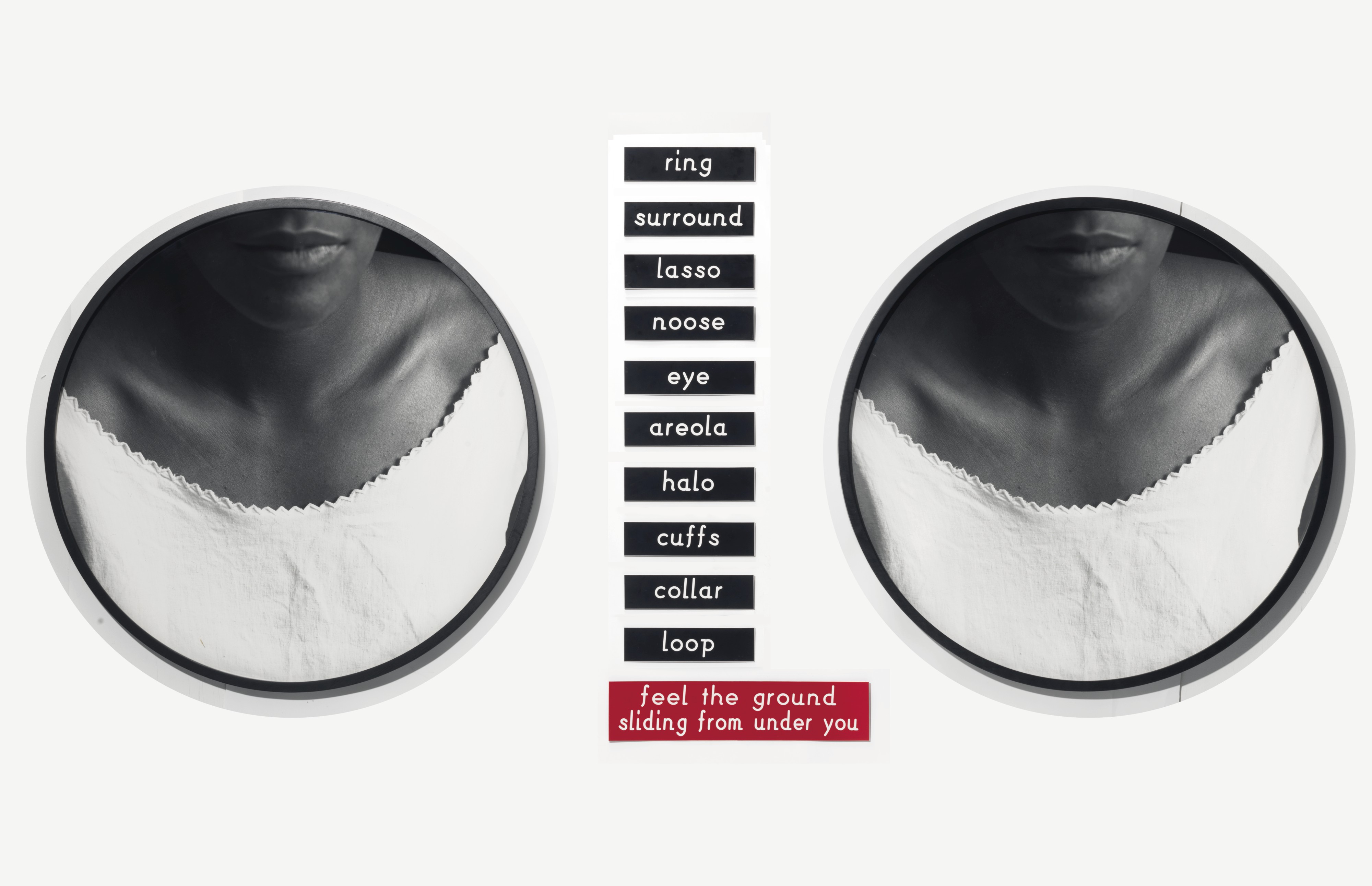 Lorna Simpson (b. 1960), Untitled (Two Necklines), 1989. Two gelatin silver prints and eleven engraved plastic plaques. Overall: 40 x 100 in (101.6 x 254 cm). Estimate: £30,000-50,000. Offered in Post-War and Contemporary Art Day Auction on 5 October 2019 at Christie’s in London