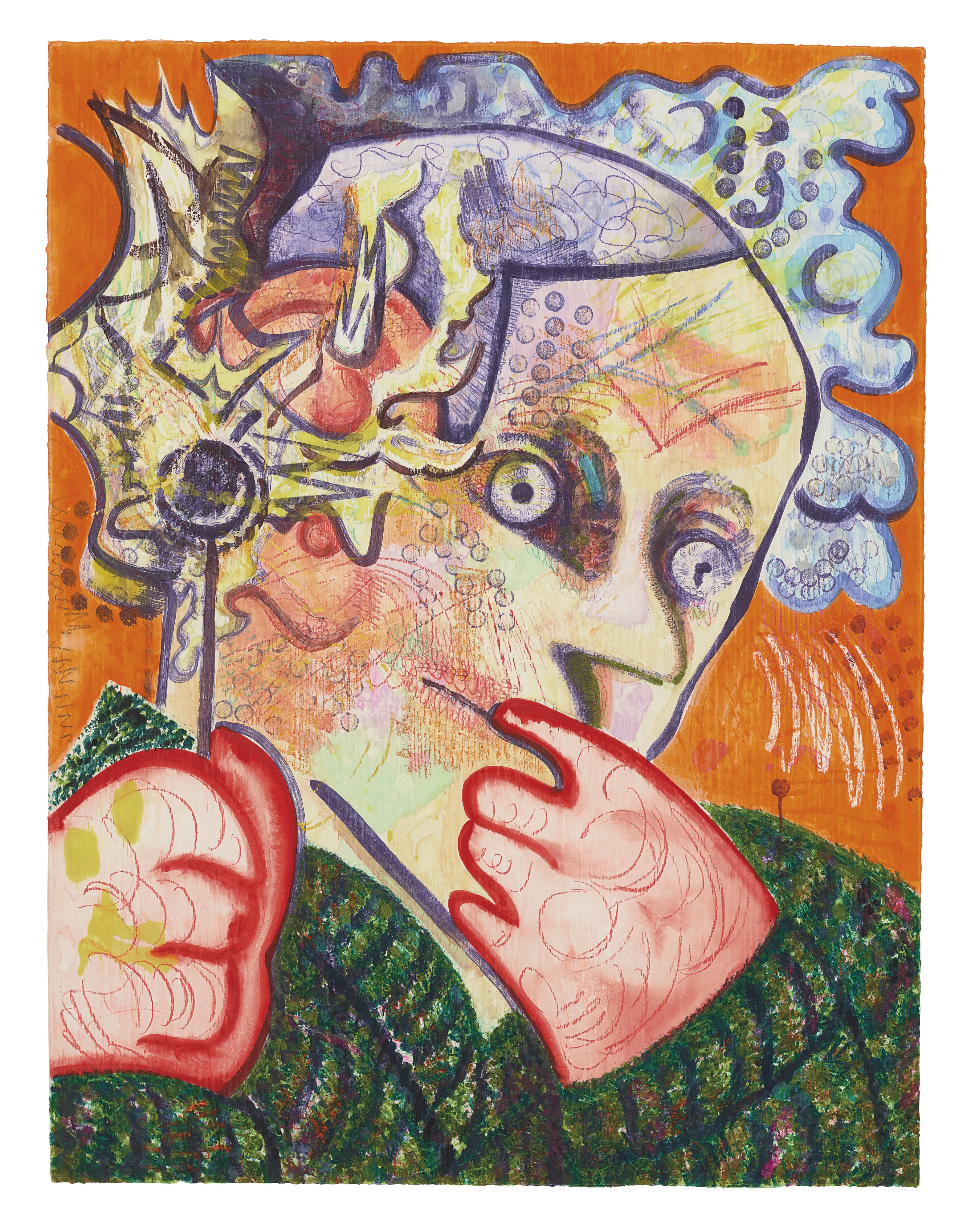 Dana Schutz (b. 1976), Ear on Fire, 2012. Watercolour monotype with coloured pencil, crayon and pastel on Lanquarelle watercolour paper. 60 x 47½ in (152.4 x 120.7 cm). Estimate: £50,000-70,000. Offered in Post-War and Contemporary Art Day Auction on 5 October 2019 at Christie’s in London