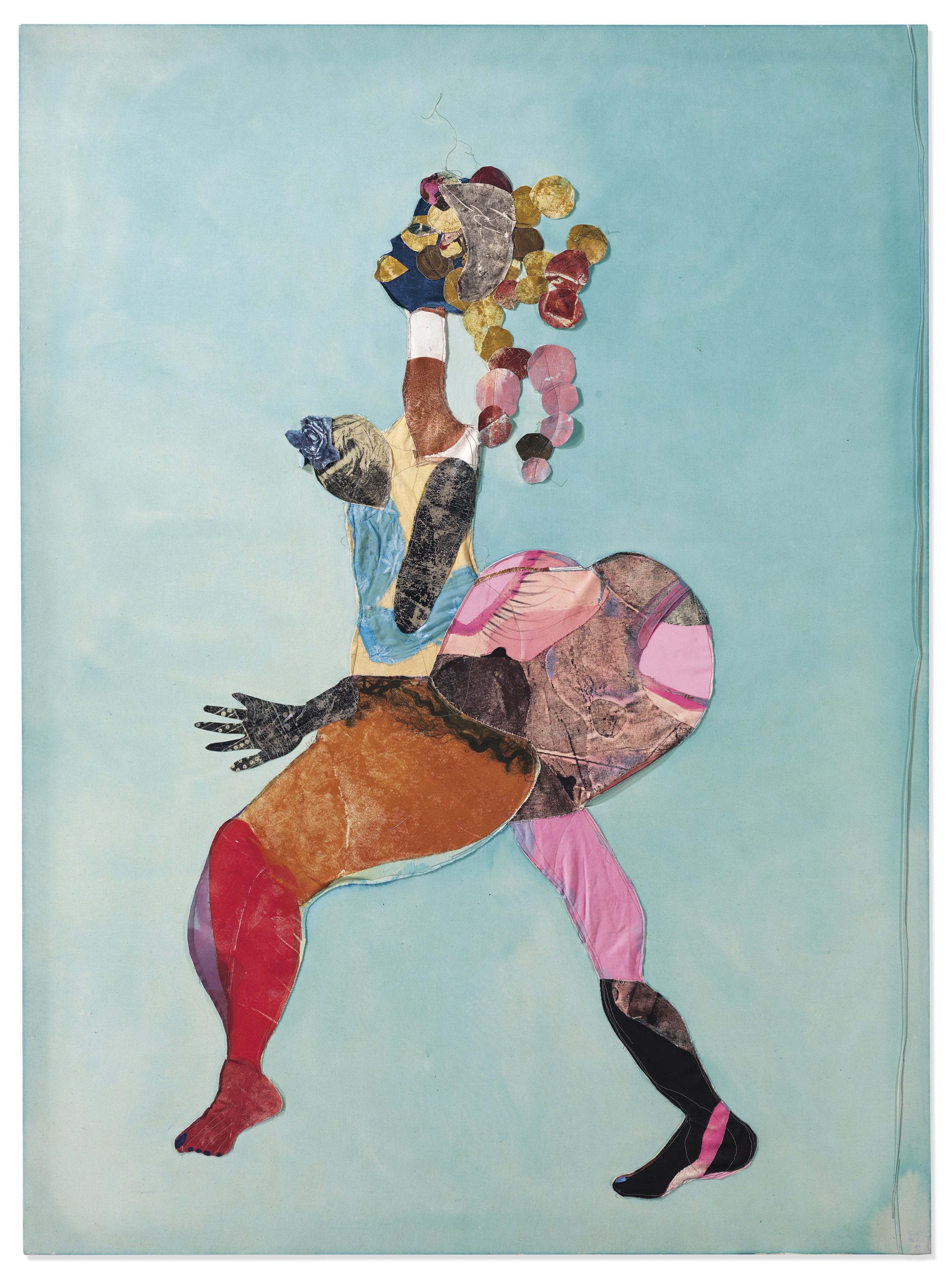 Tschabalala Self (b. 1990), Sapphir, 2015. Oil, pigment and sewn fabric collage on canvas. 84 x 62 in (213.4 x 157.5 cm). Estimate: £100,000-150,000. Offered in Post War and Contemporary Art Evening Auction on 4 October 2019 at Christie’s in London
