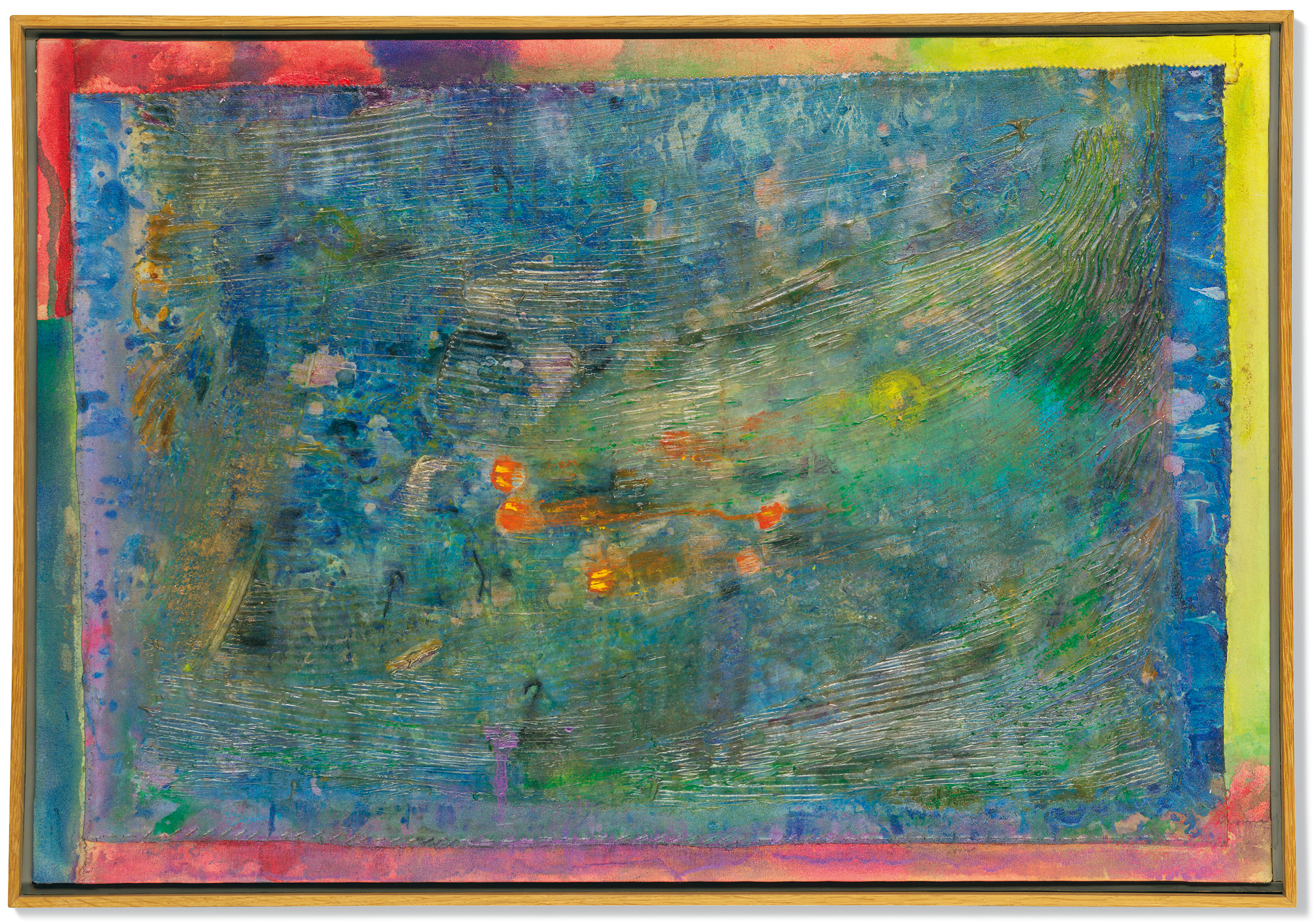 Frank Bowling (b. 1934), Swing, 2003. Acrylic paint, acrylic gel and staples on fabric collage on canvas, 27⅛ x 39½ in (68.8 x 100.2 cm). Sold for £37,500 on 5 October 2019 at Christie’s in London