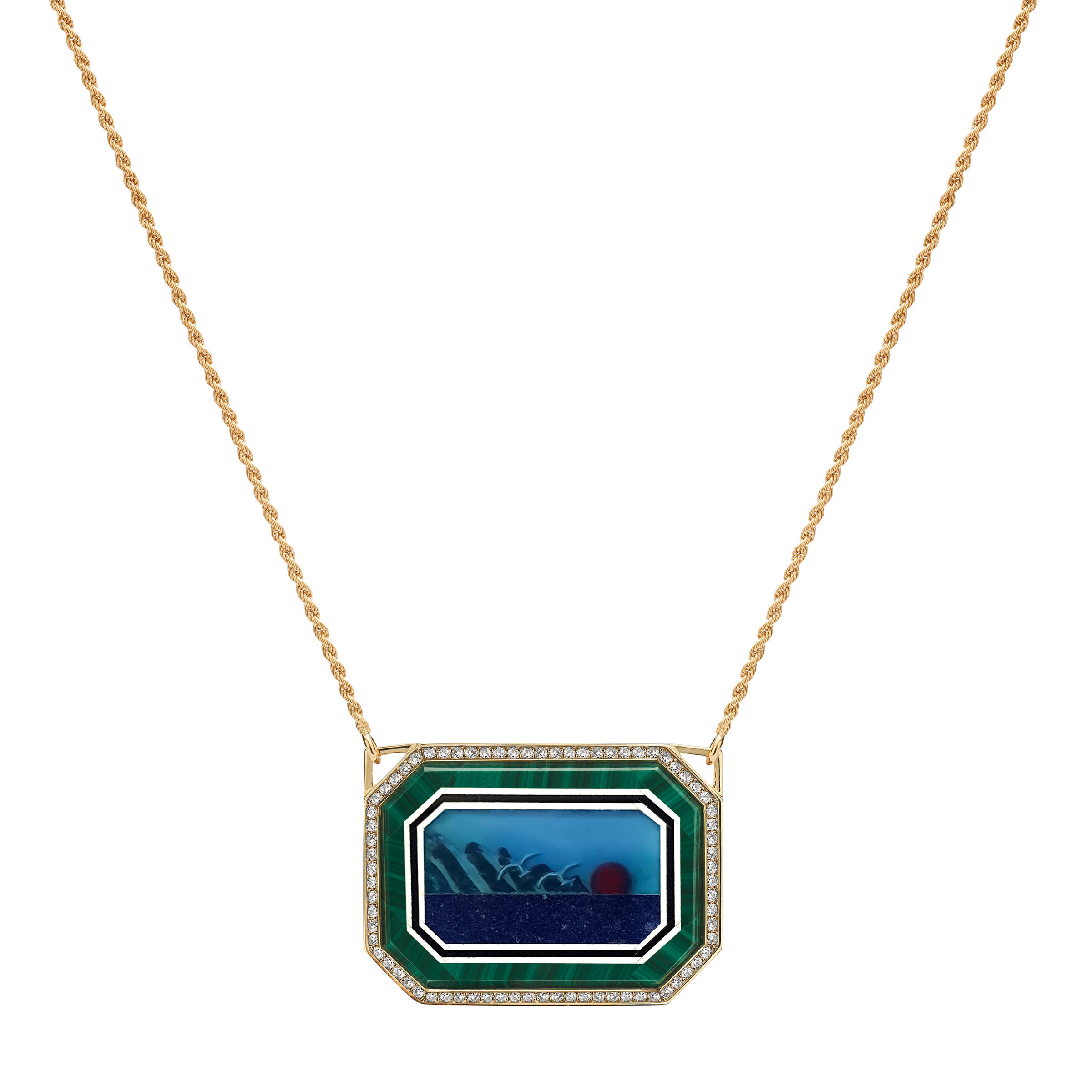 Moonscape Necklace. Set with amesthysts, tsavorites and multicolour sapphire. Height 28 mm, width 38 mm. Chain length 46 cm