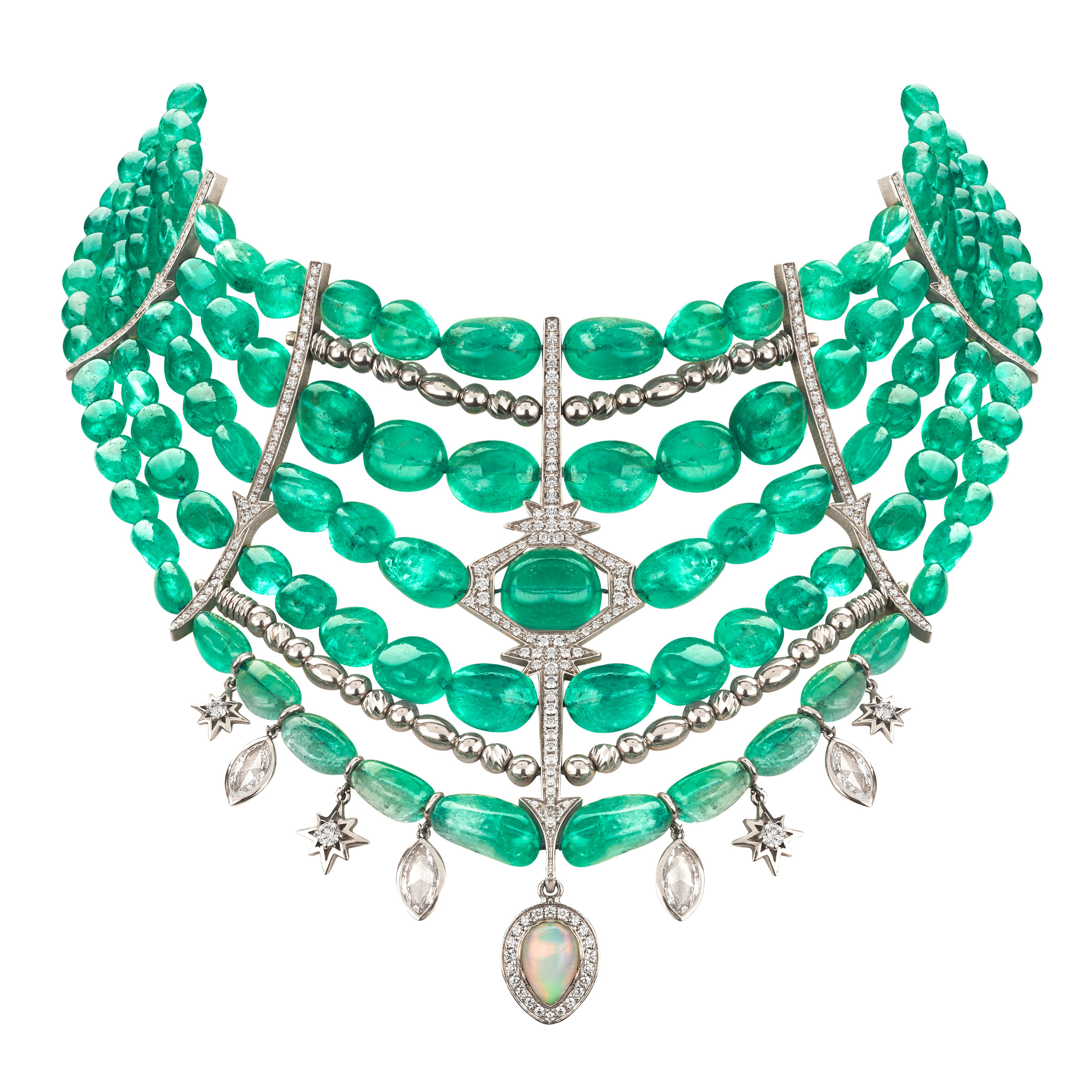 Muzo Venyx necklace. Set with diamonds, muzo emeralds and opals. Height 100 mm, width 370 mm, adjustability 32-34 cm