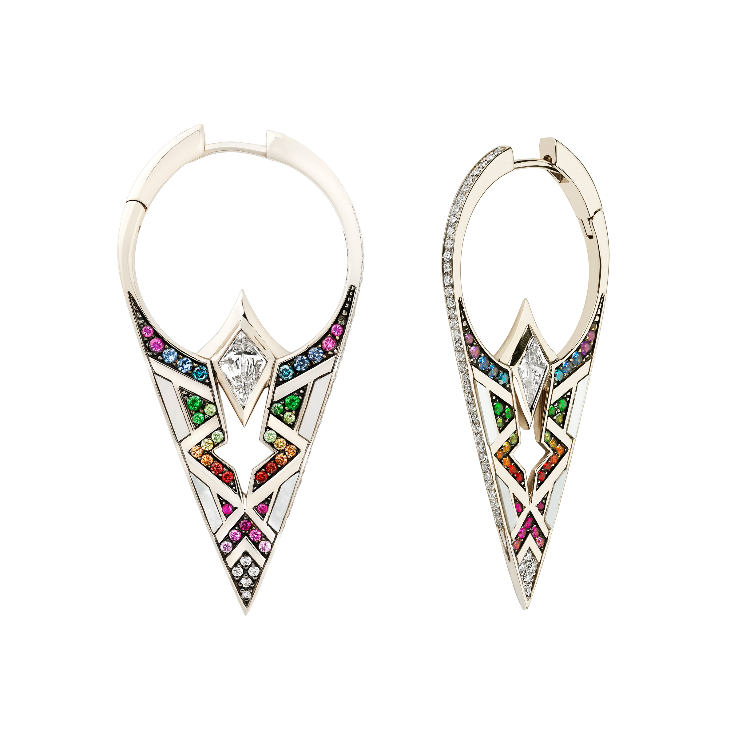 Rainbow Teer earrings. Set with diamonds, tsavorite, amethsysts, multicolour sapphires and white mother of pearl. Height 48 mm. Width 24 mm