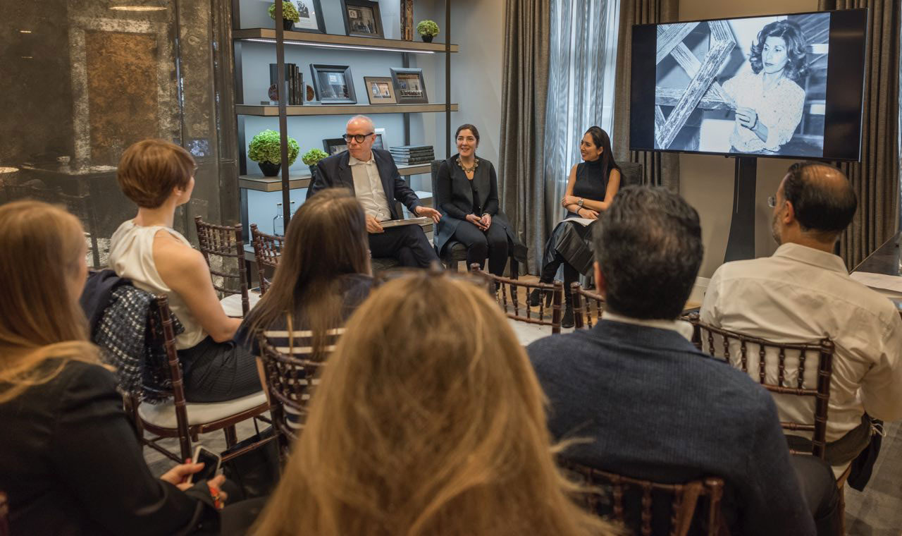 Serpentine Galleries Director Hans Ulrich Obrist, contemporary Iranian Art specialist Dina Nasser-Khadivi and Farmanfarmaian’s galleriest Sunny Rahbar at Christie’s in London in a discussion of Farmanfarmaian’s ‘extraordinary life and vision’