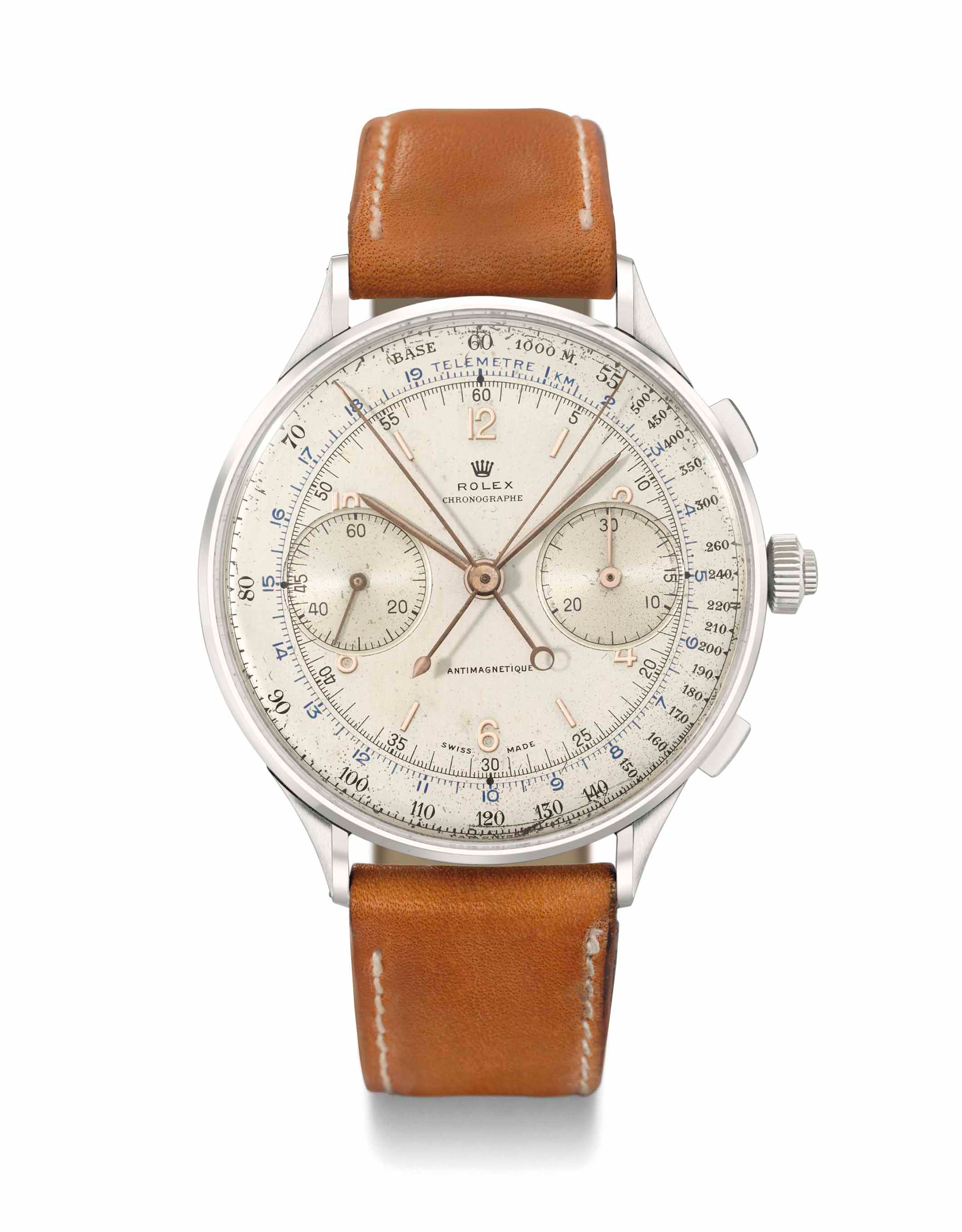 Rolex. An extraordinarily rare, oversized stainless-steel split-seconds chronograph wristwatch, Signed Rolex, Chronographe, Antimagnetique, ref. 4113, case no. 051314, manufactured in 1942. 44 mm diameter. Sold for CHF 1,107,750 on 13 May 2013 at Christie&rsquo;s in Geneva