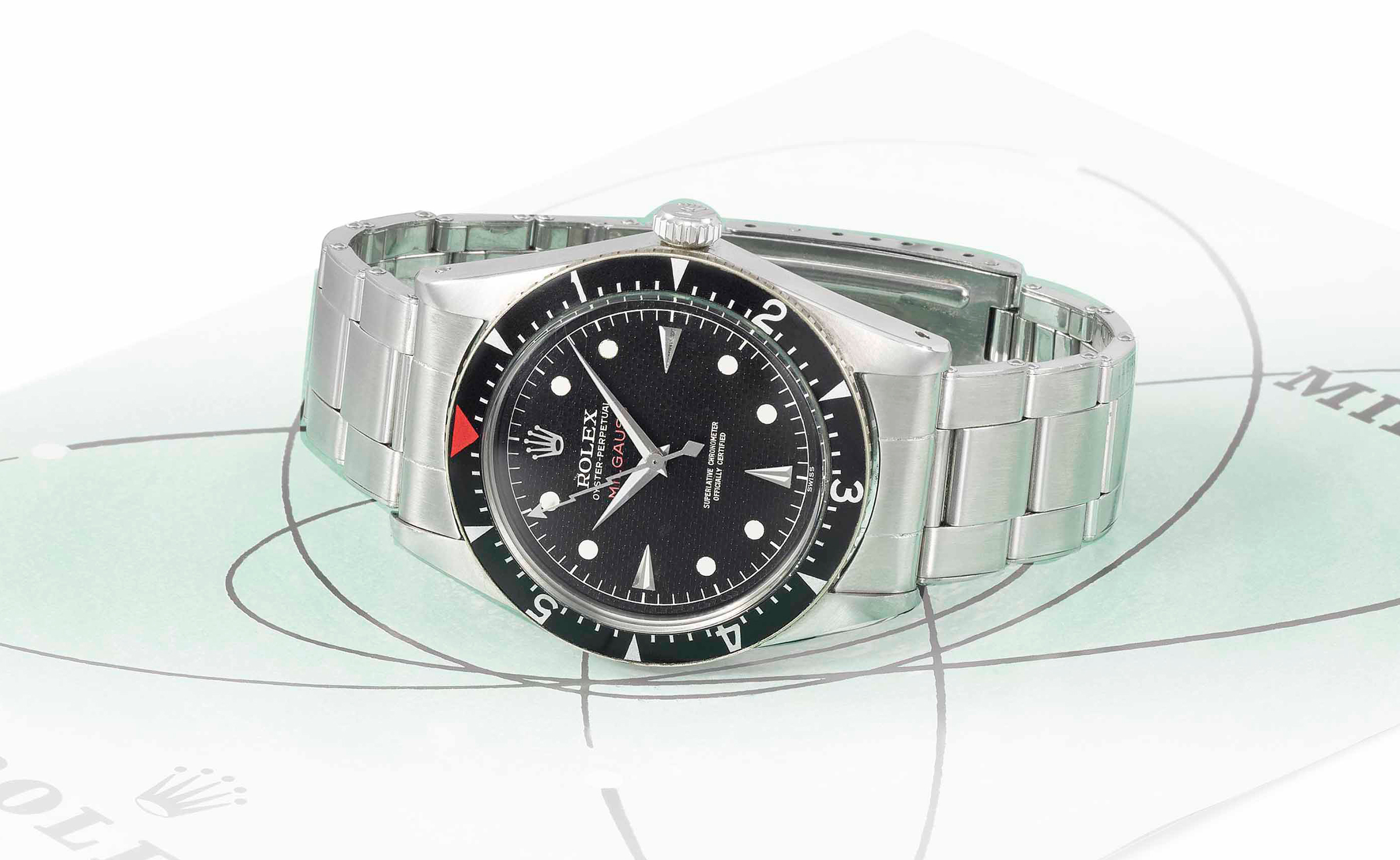 Rolex. An extremely rare and highly attractive stainless-steel automatic anti-magnetic wristwatch with black honeycomb dial, sweep centre seconds, bracelet and period brochure, signed Rolex, Oyster Perpetual, Milgauss, Ref. 6541, case no. 412'207, circa 1958. Sold for CHF 227,000 on 16 May 2016 at Christie&rsquo;s in Geneva