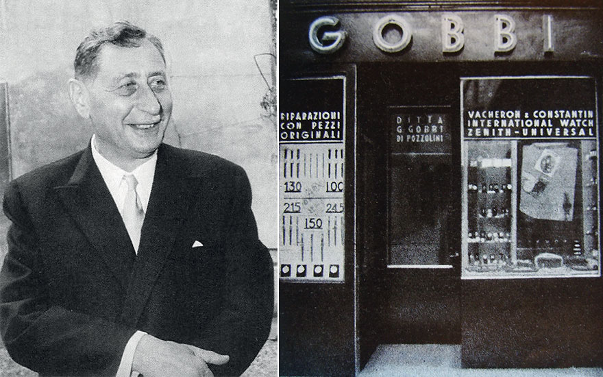 From left: legendary watchmaker Louis Cottier, who miniaturised a system for telling the time in every part of the globe; Gobbi, the Milan watch retailer where the Ref. 2523 was sold in April 1957