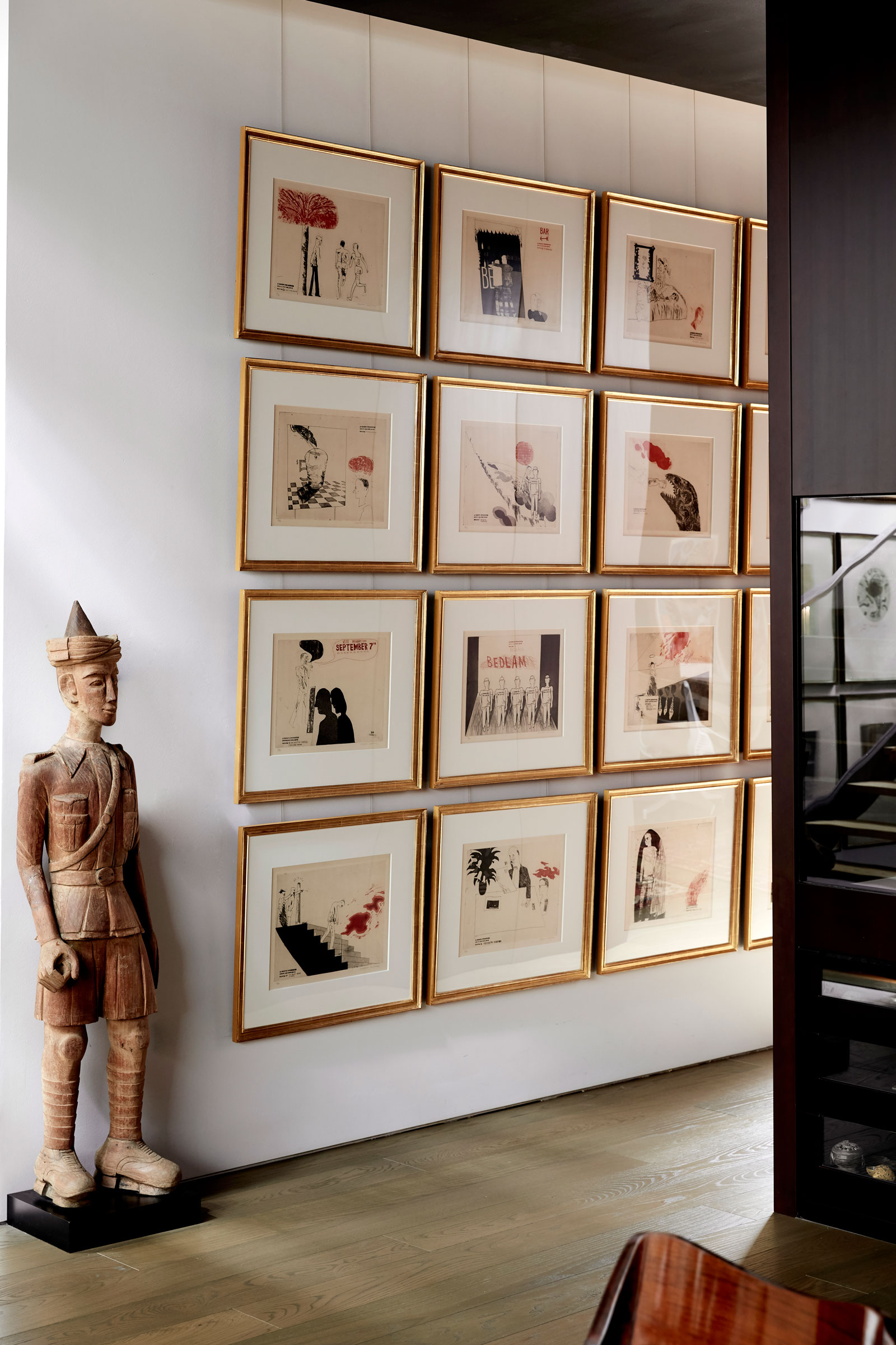 Installation shot of David Hockney, A Rake&rsquo;s Progress, 1961-1963. Portfolio of 16 etchings and aquatints (detail). Edition of 50. 20 x 24&frac14; in each. &copy; David Hockney