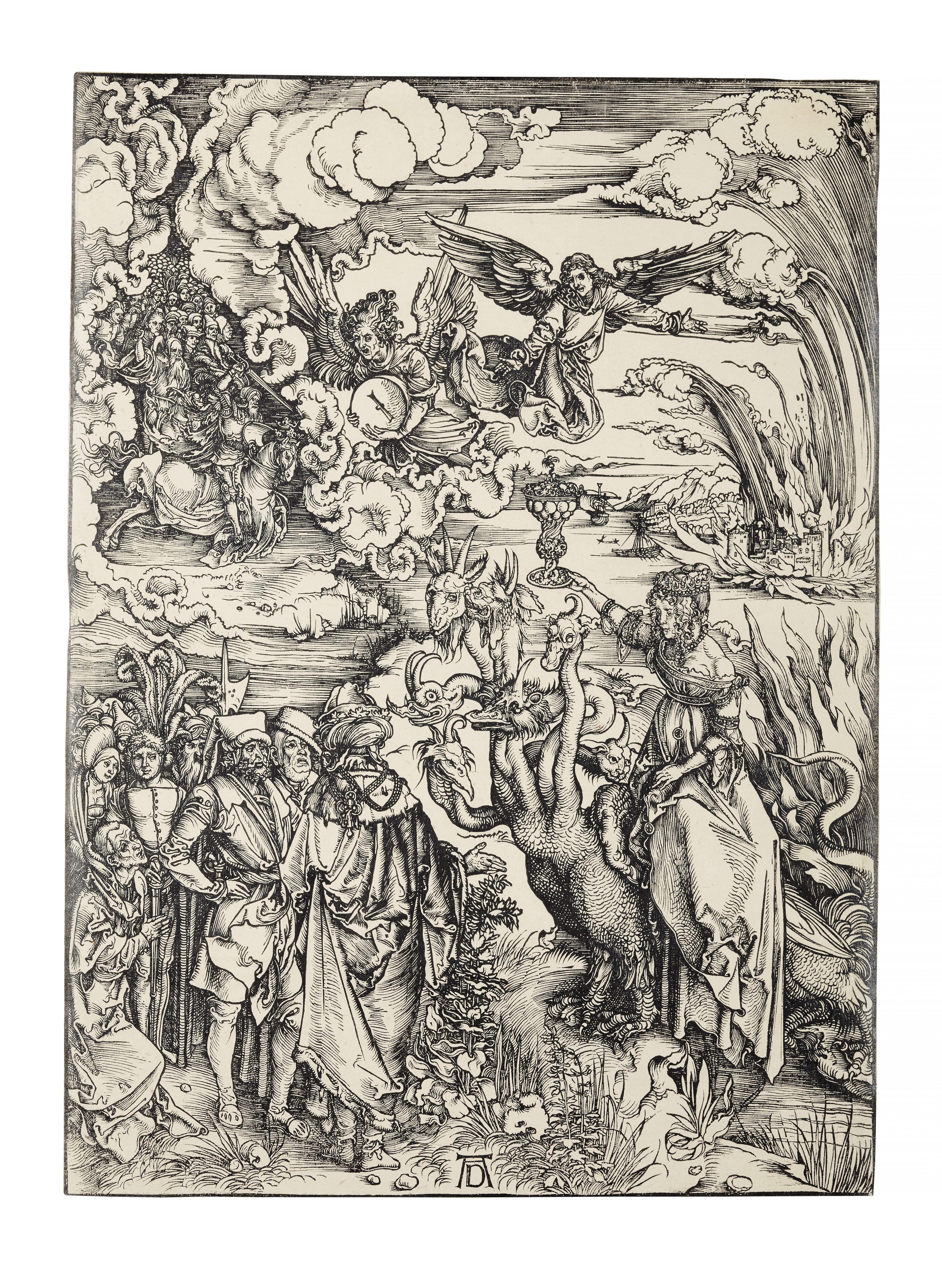 阿尔布雷特‧丢勒(1471-1528),《巴比伦的妓女》,来自《启示录》。印版及纸张:391 x 282毫米。此作于2019年1月29日在佳士得纽约售出,成交价87,500美元